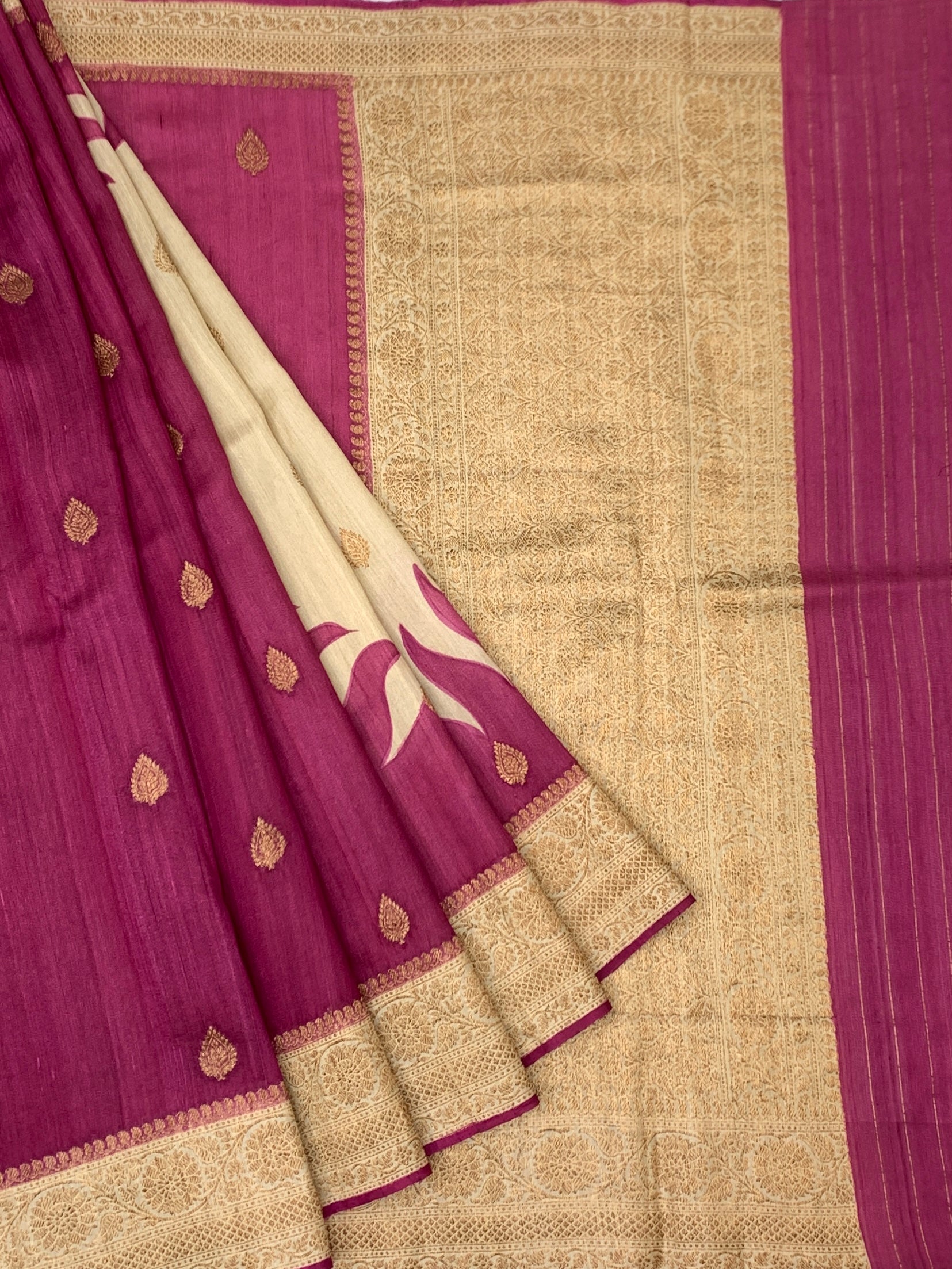 Regal Magenta & Cream Tussore Saree With Intricate Gold Zari Craftsmanship