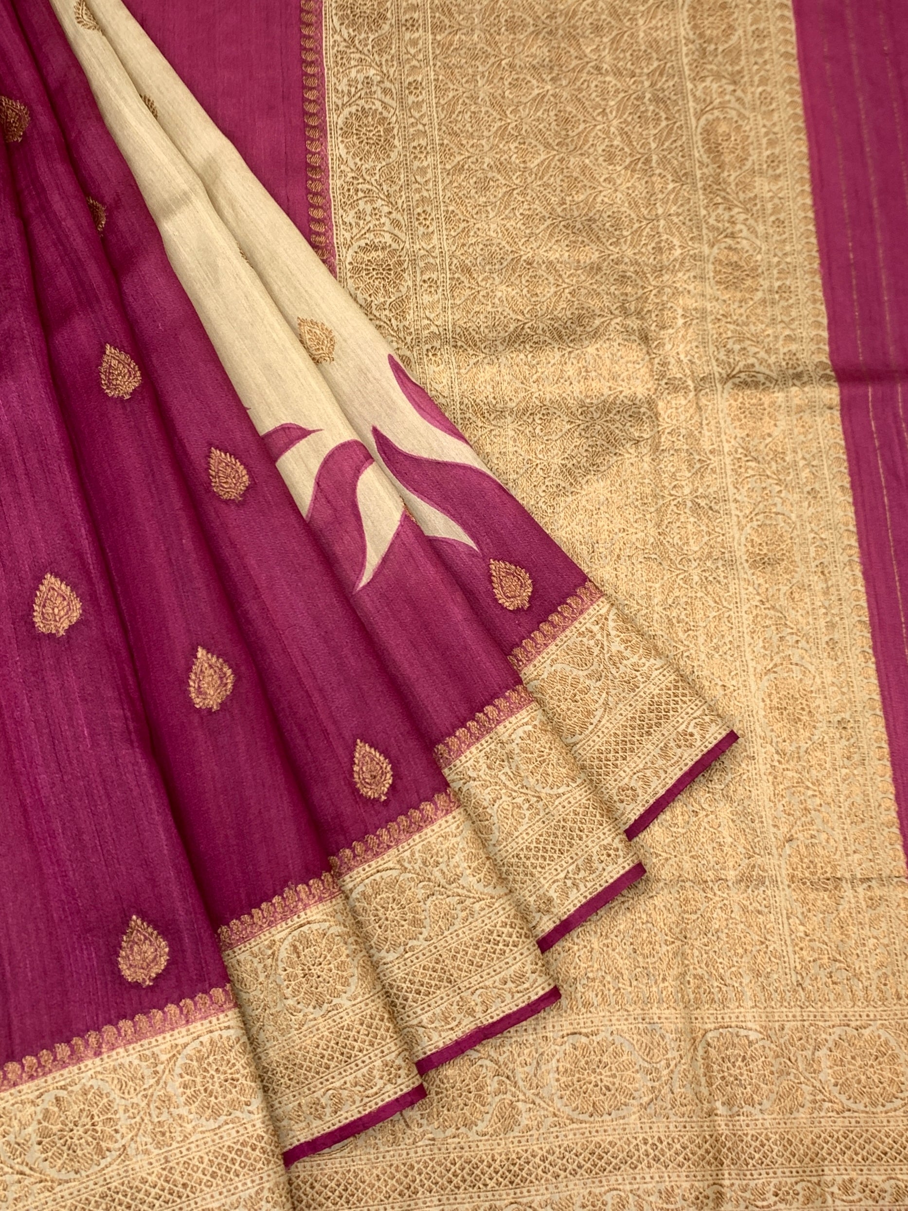 Regal Magenta & Cream Tussore Saree With Intricate Gold Zari Craftsmanship