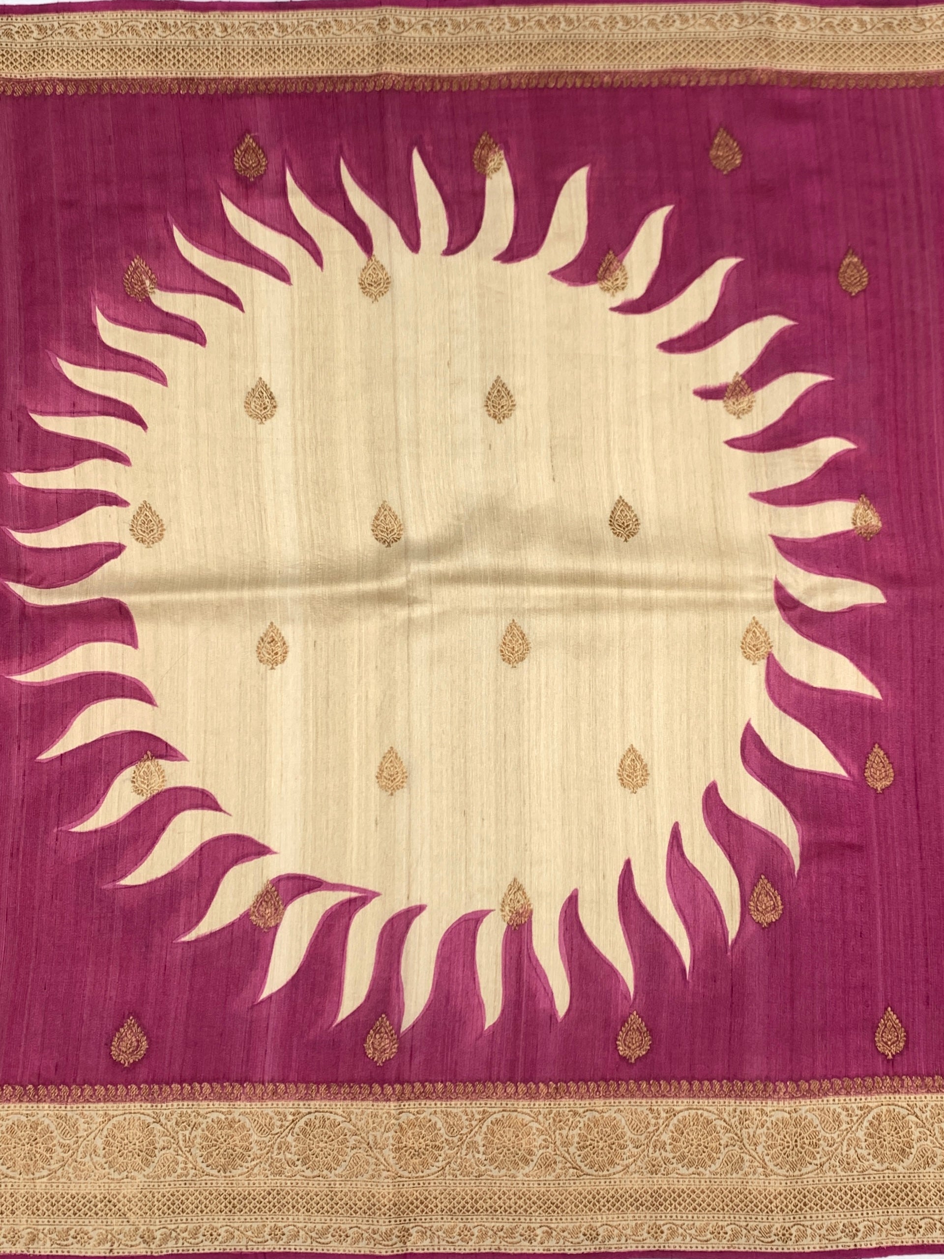 Regal Magenta & Cream Tussore Saree With Intricate Gold Zari Craftsmanship