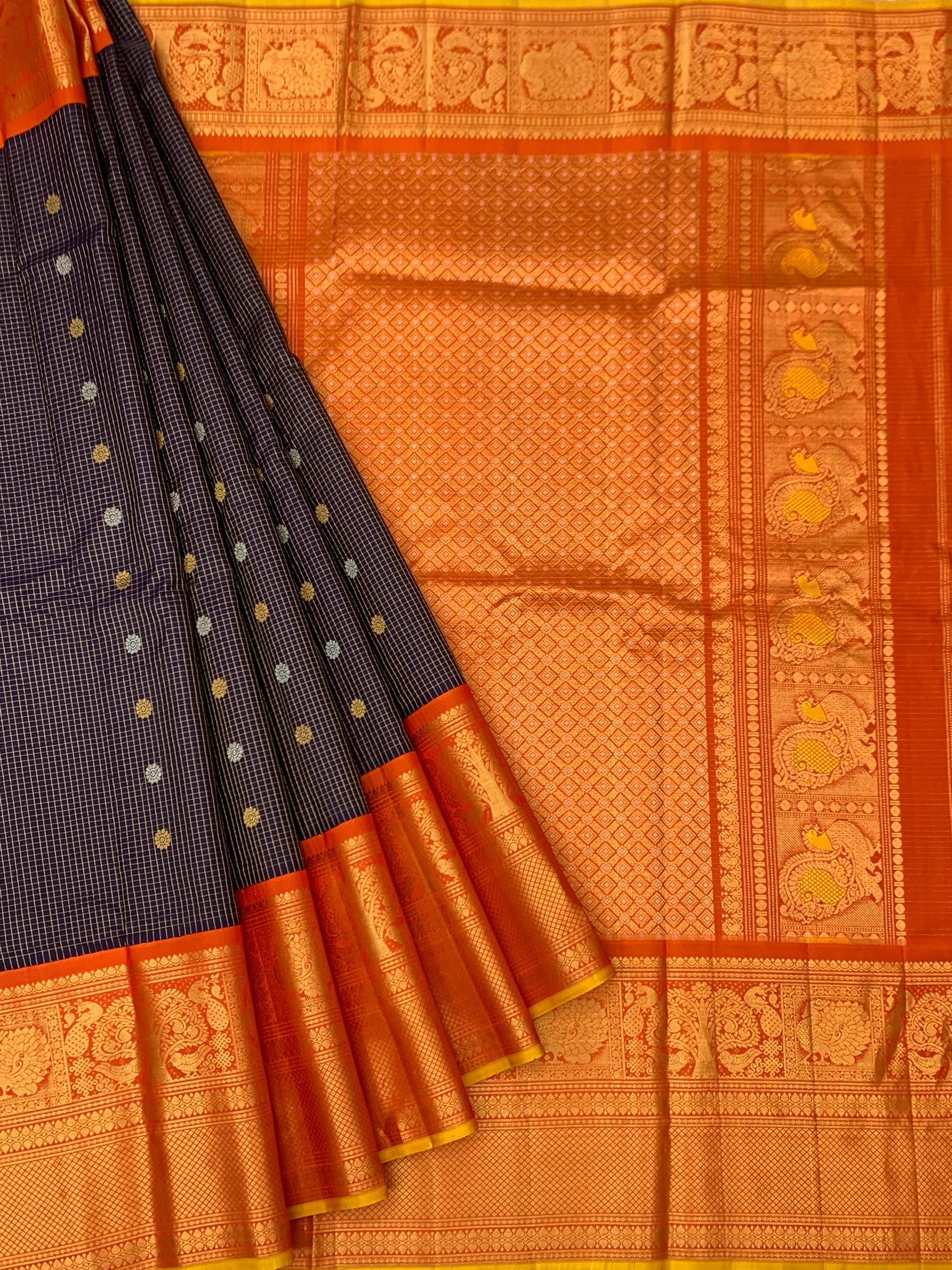 Dark Navy Blue & Bright Orange Gadwal Pattu Saree