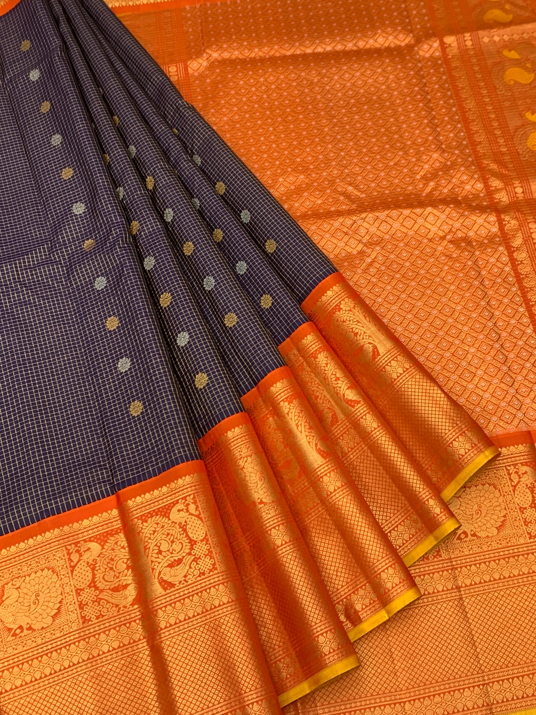 Dark Navy Blue & Bright Orange Gadwal Pattu Saree