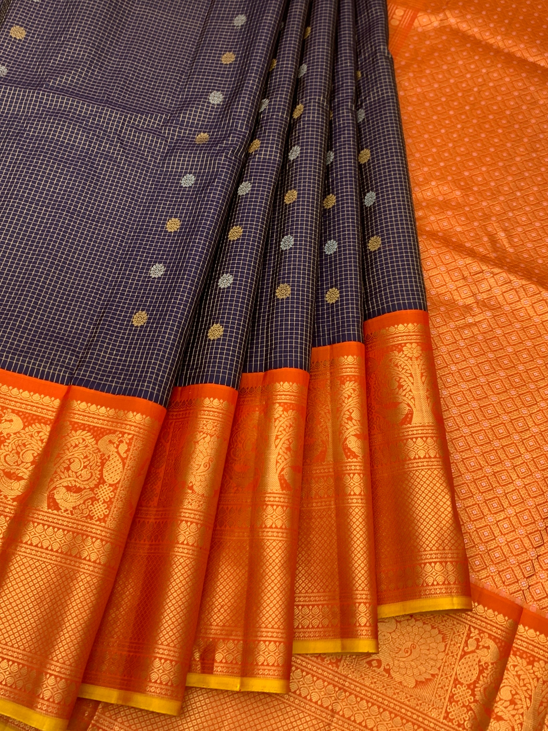 Dark Navy Blue & Bright Orange Gadwal Pattu Saree