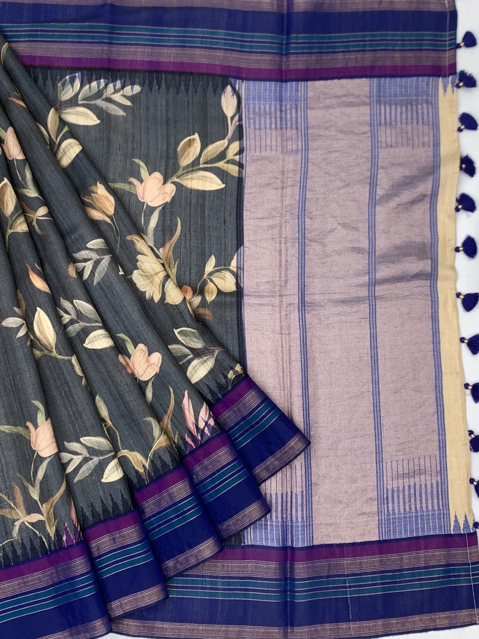 Charcoal Grey Botanical Printed Tussore Saree with Royal Blue Border