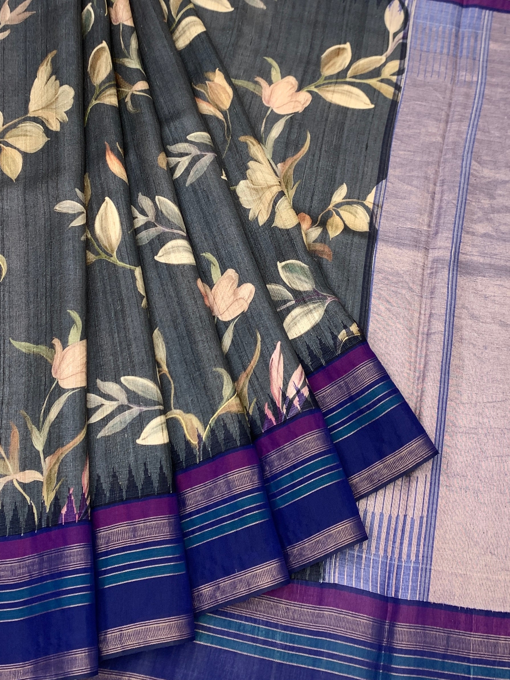 Charcoal Grey Botanical Printed Tussore Saree with Royal Blue Border