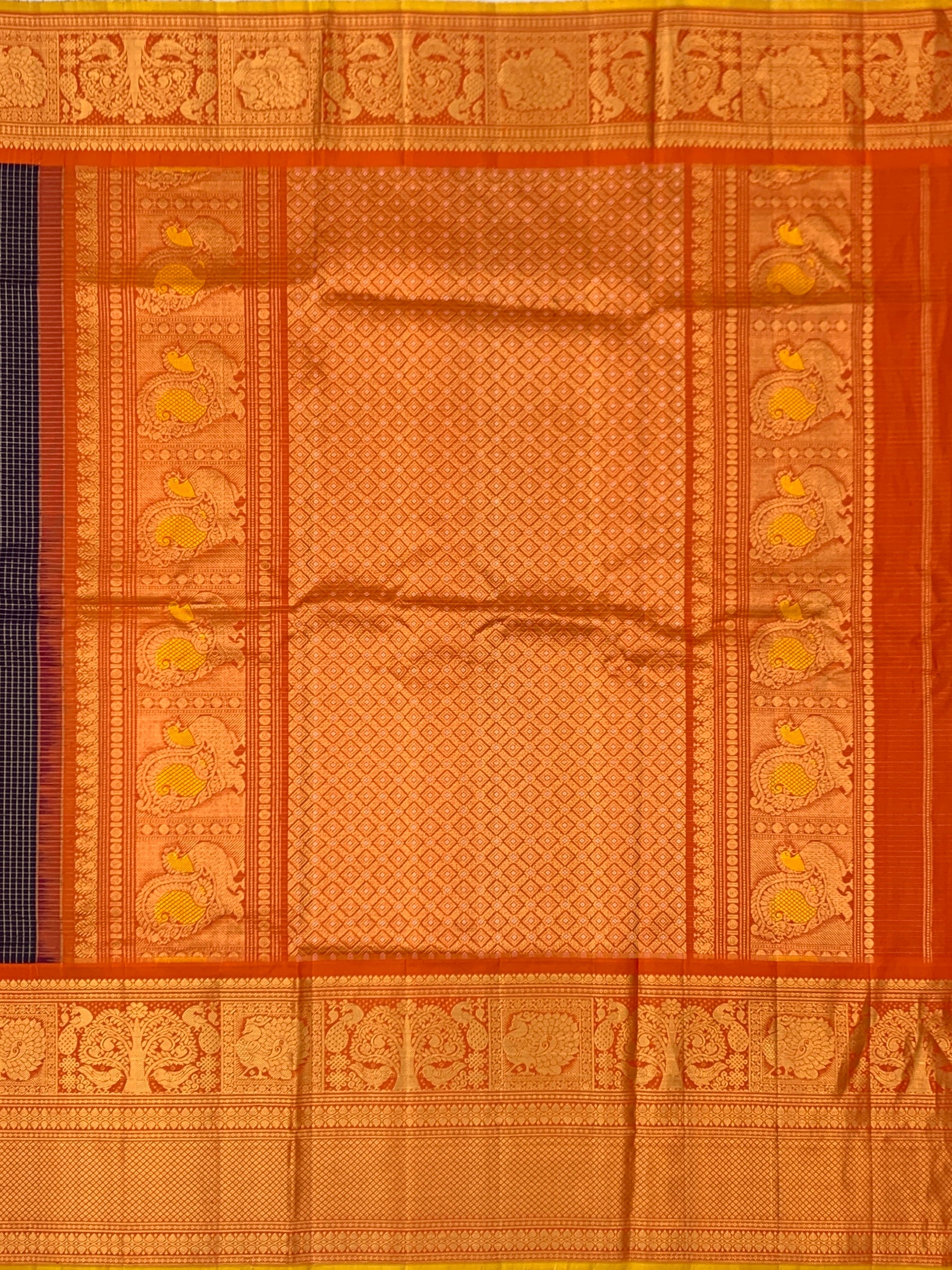 Dark Navy Blue & Bright Orange Gadwal Pattu Saree