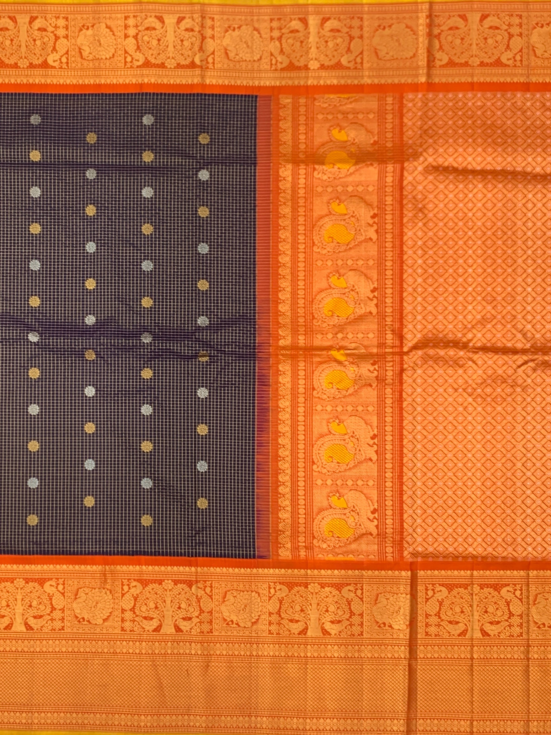 Dark Navy Blue & Bright Orange Gadwal Pattu Saree