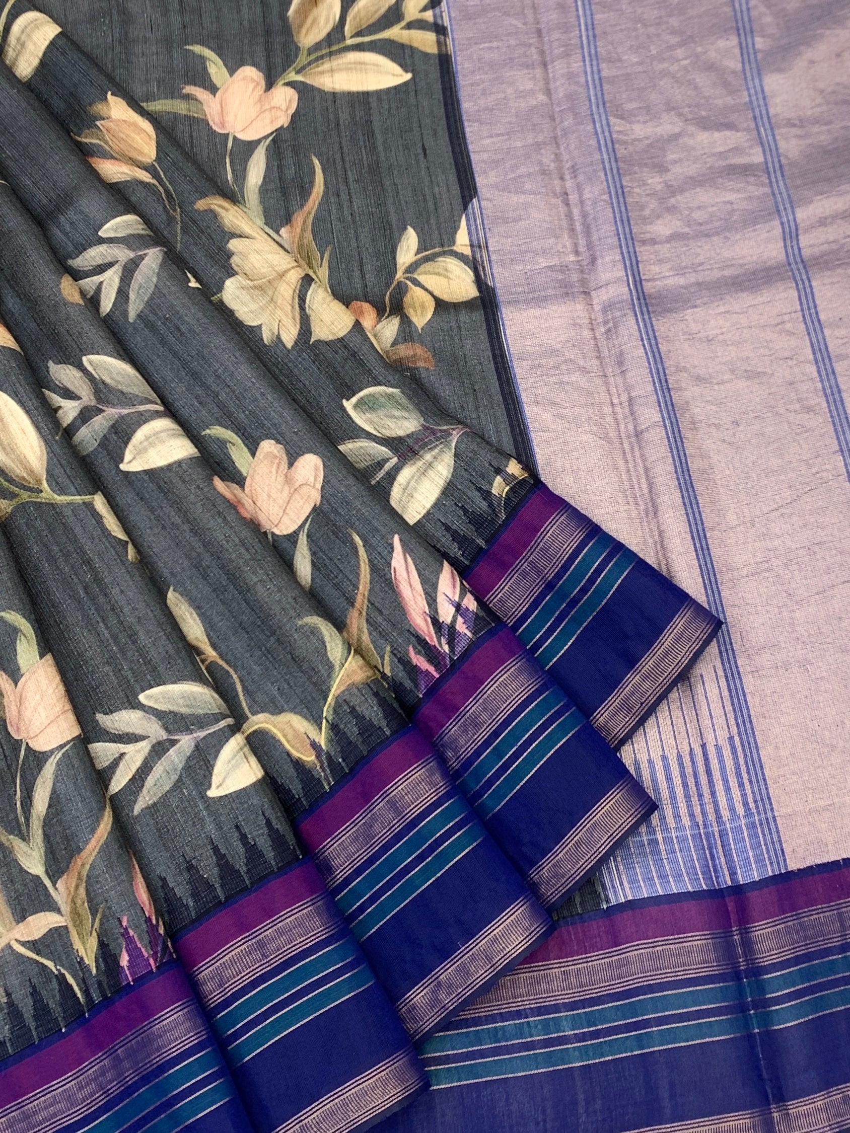 Charcoal Grey Botanical Printed Tussore Saree with Royal Blue Border