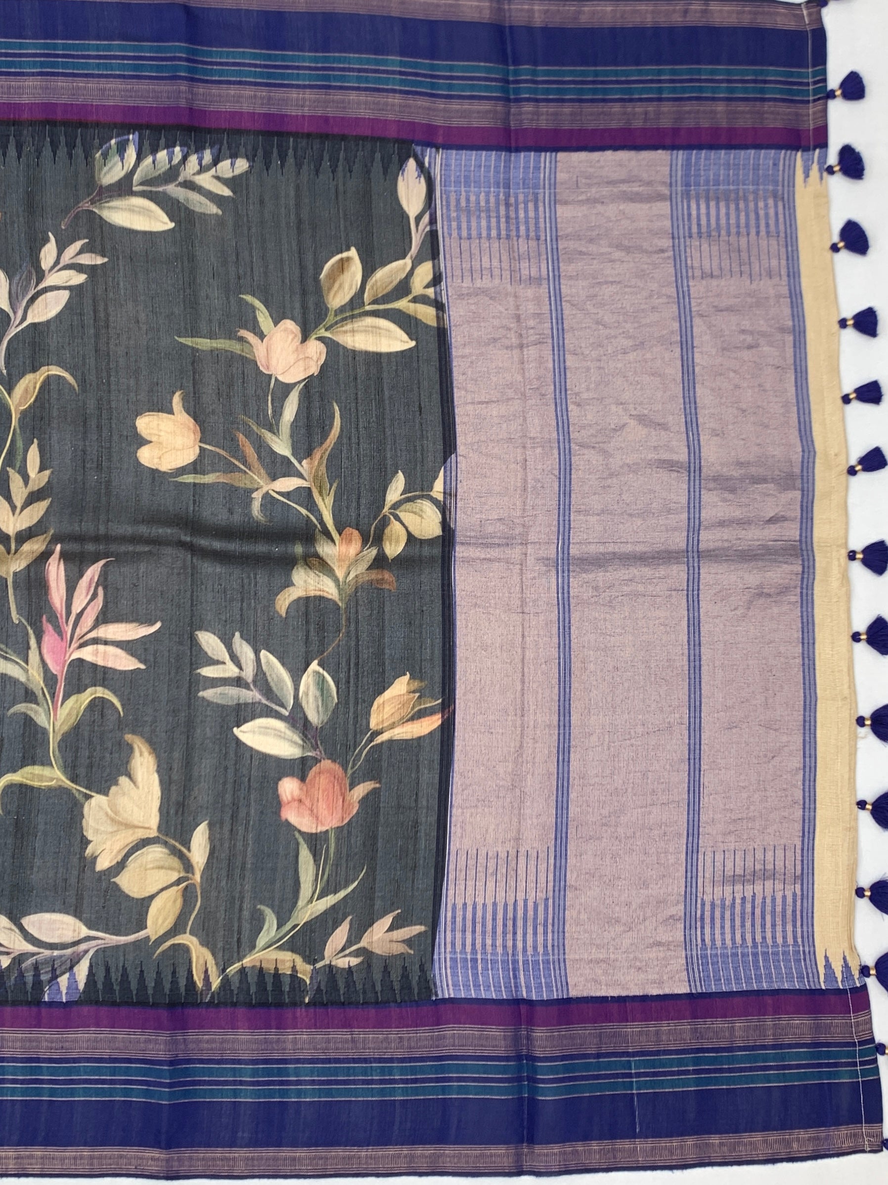 Charcoal Grey Botanical Printed Tussore Saree with Royal Blue Border