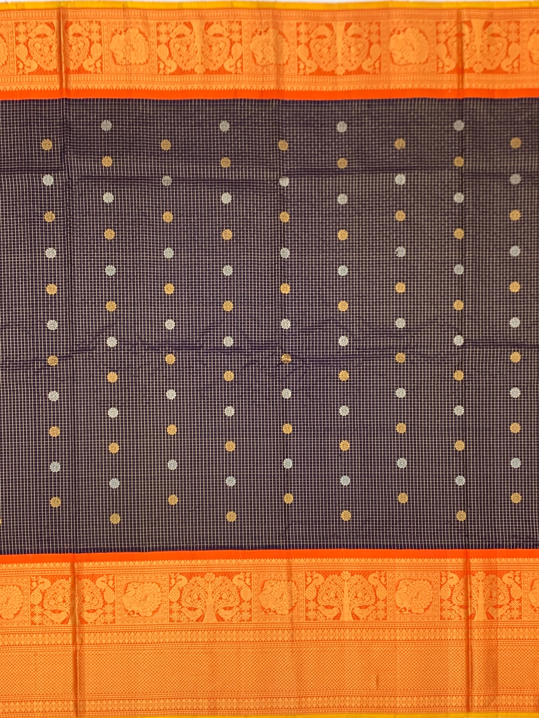 Dark Navy Blue & Bright Orange Gadwal Pattu Saree