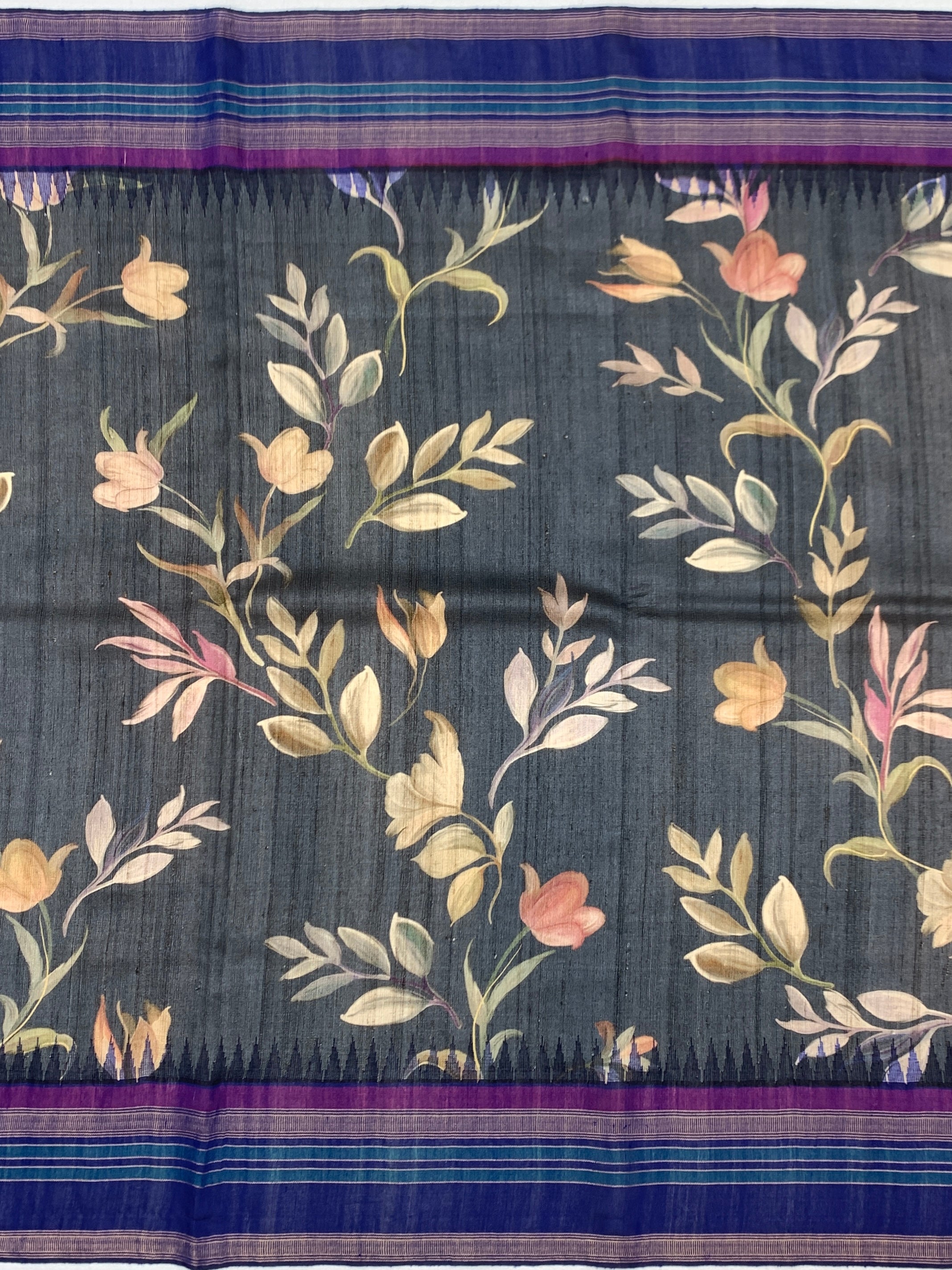Charcoal Grey Botanical Printed Tussore Saree with Royal Blue Border