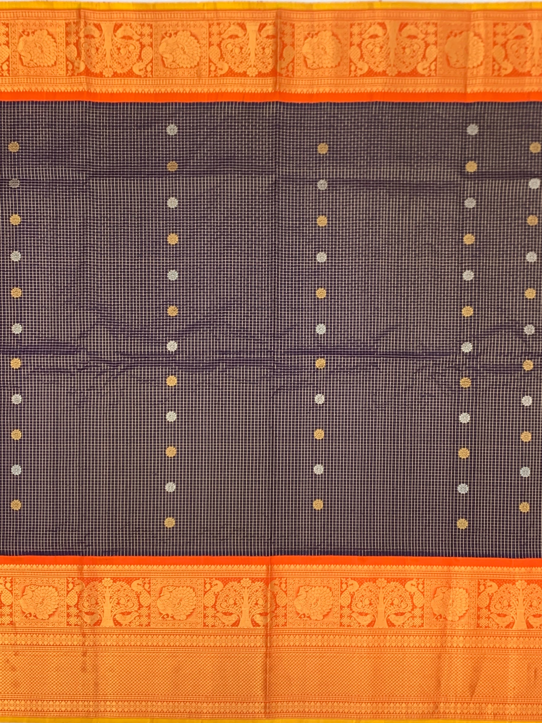 Dark Navy Blue & Bright Orange Gadwal Pattu Saree