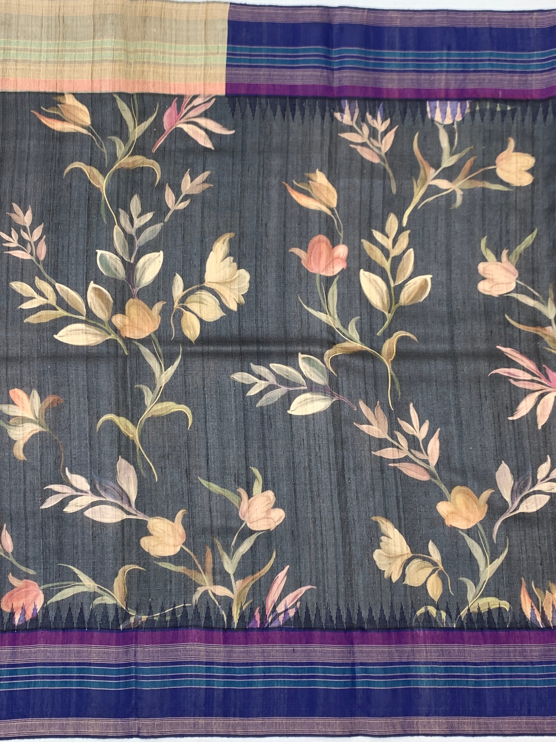 Charcoal Grey Botanical Printed Tussore Saree with Royal Blue Border