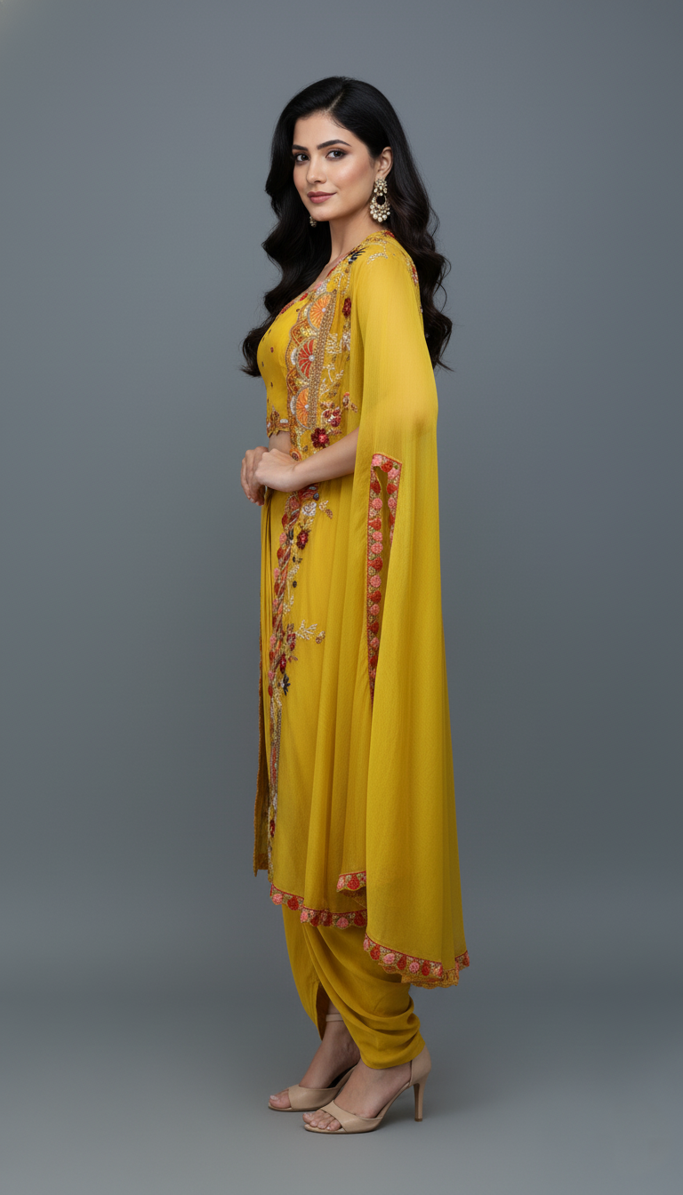 Yellow Crop Top With Crepe Dhoti Salwar