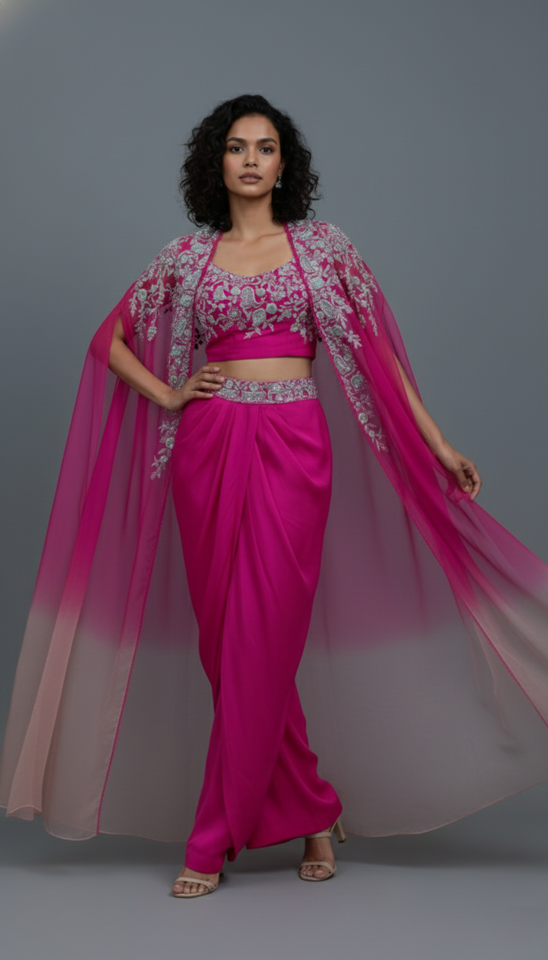 Rani Pink Silk Zari Work Co-ord Set With Cape