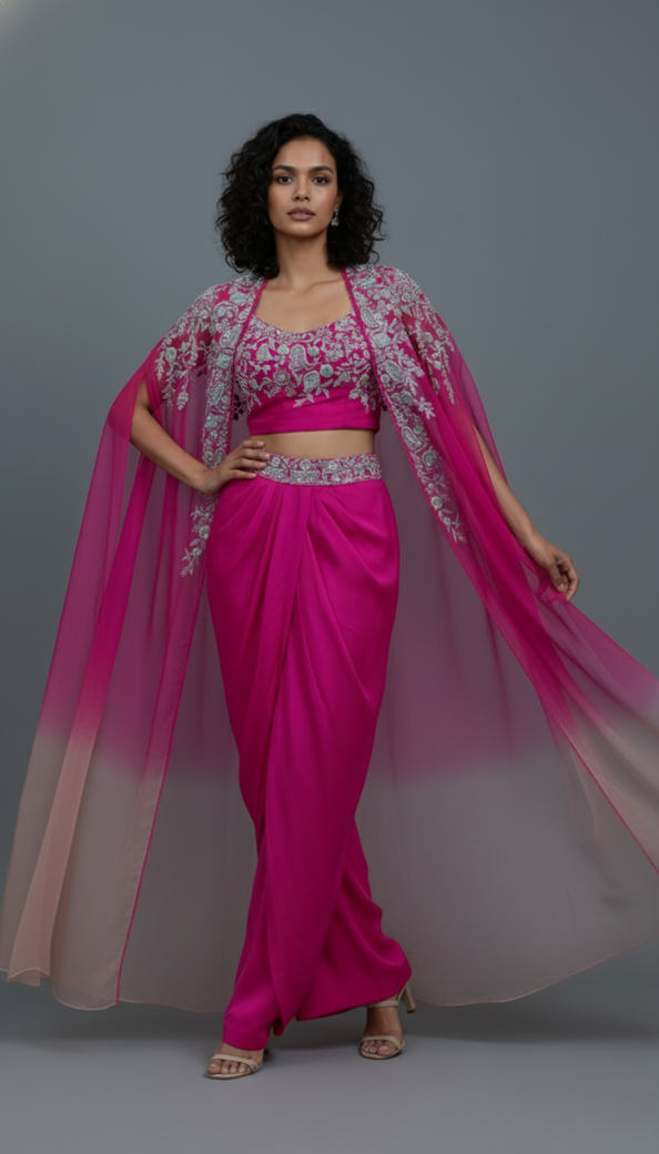Rani Pink Silk Zari Work Co-ord Set With Cape