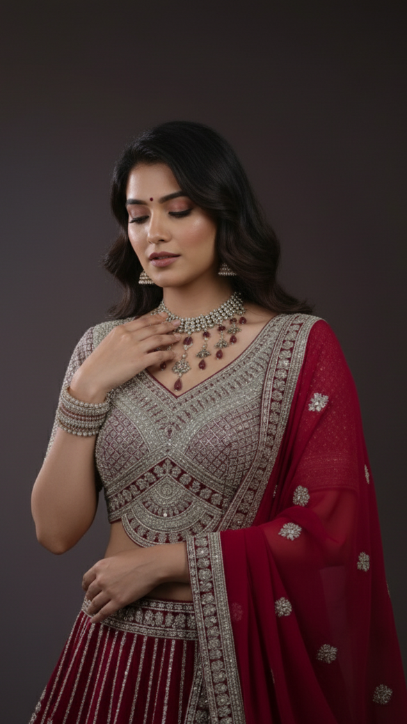 Georgette Lehenga Dark-Pink In Colour