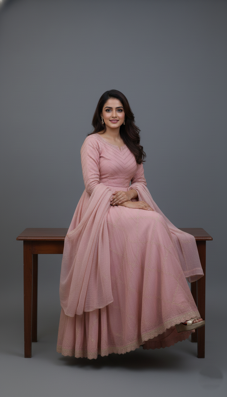 Light-Peach Floral Embroidered Anarkali Dress