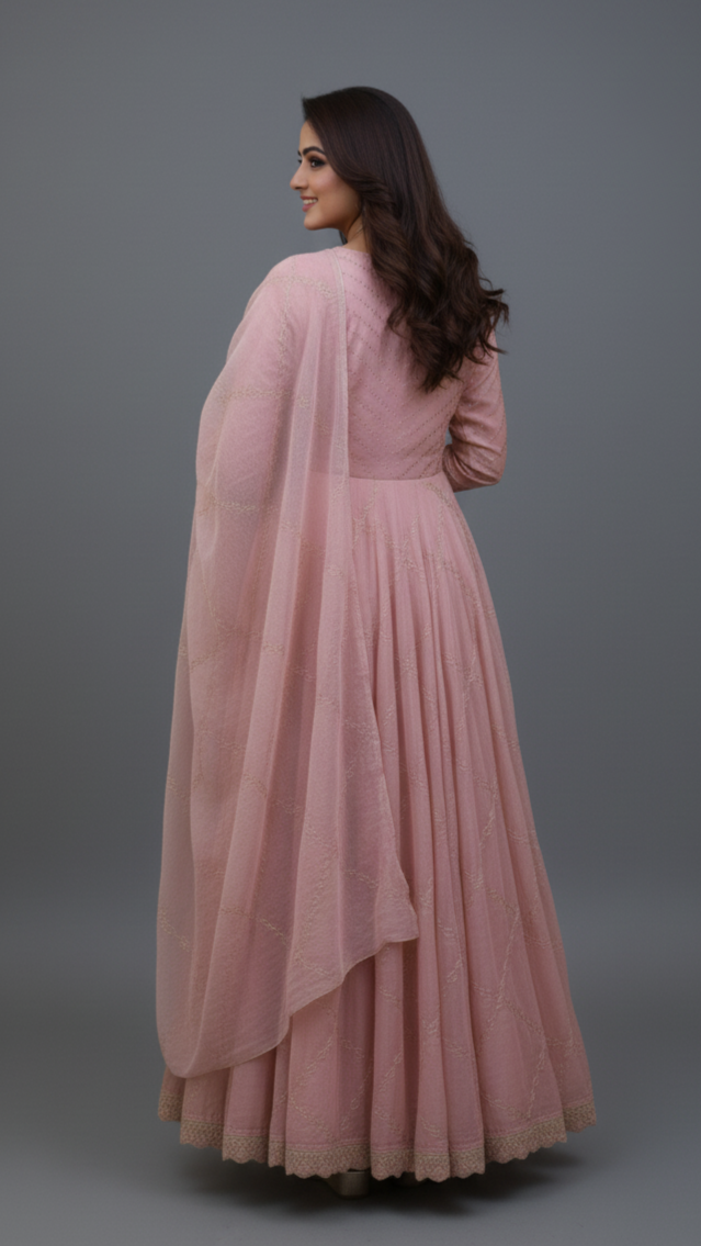 Light-Peach Floral Embroidered Anarkali Dress