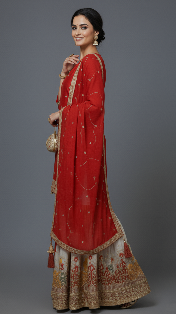 Orange Satin Silk Slit Neckline Sharara Suit