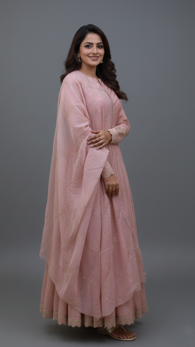 Light-Peach Floral Embroidered Anarkali Dress