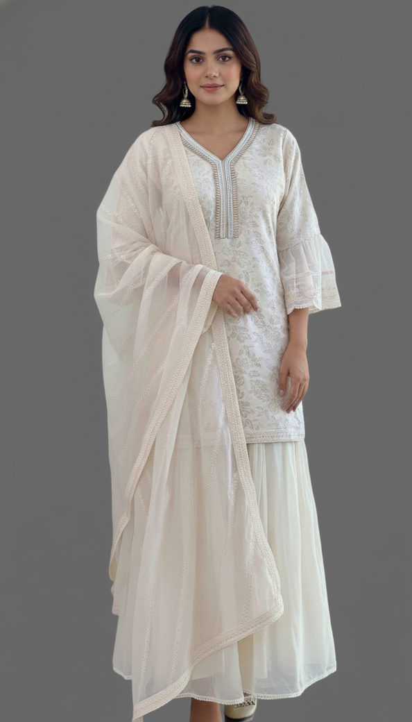 Half-White Colour Embroidery Sharara Dress