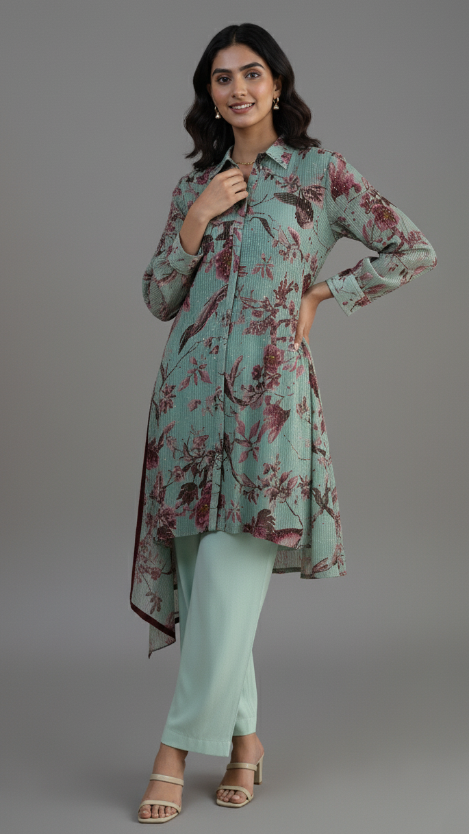 Pastel-Green Co-Ord Set With Floral Design