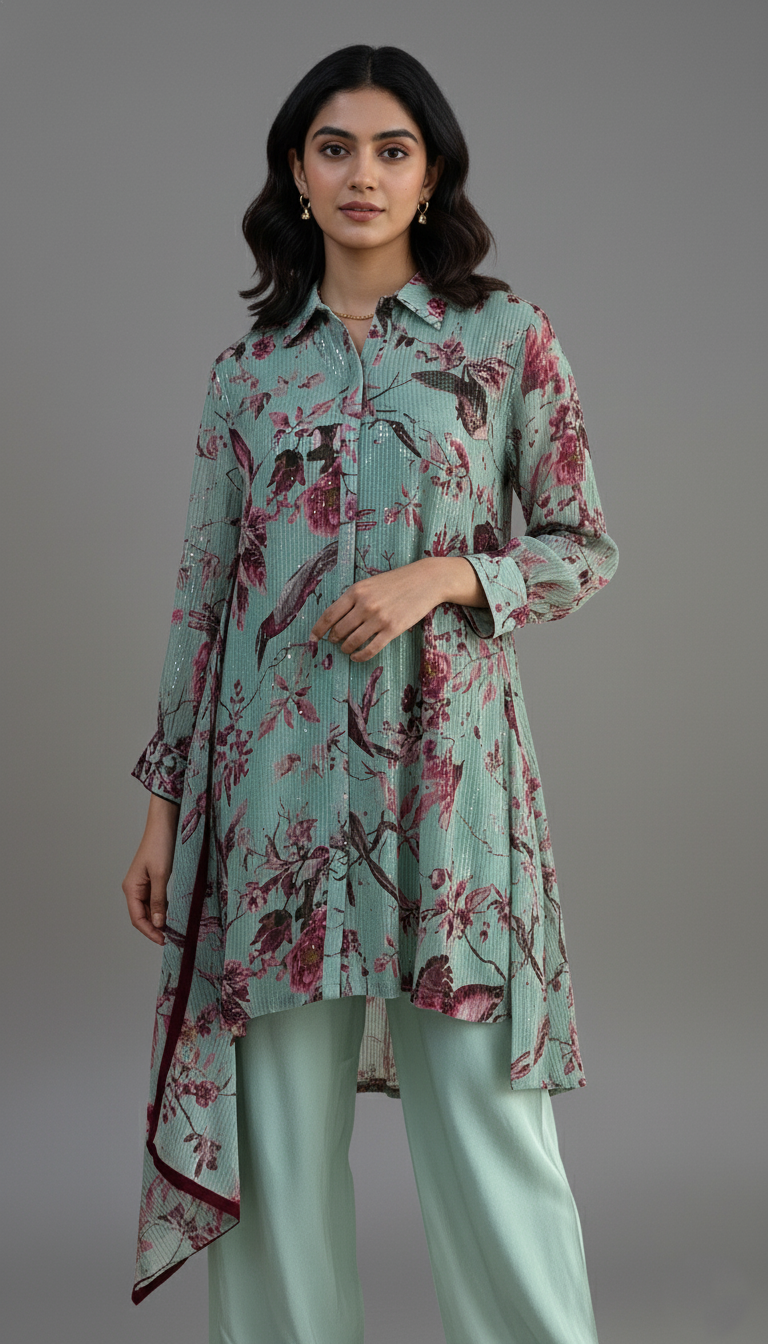 Pastel-Green Co-Ord Set With Floral Design