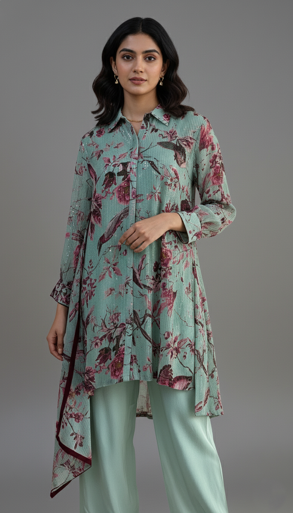 Pastel-Green Co-Ord Set With Floral Design