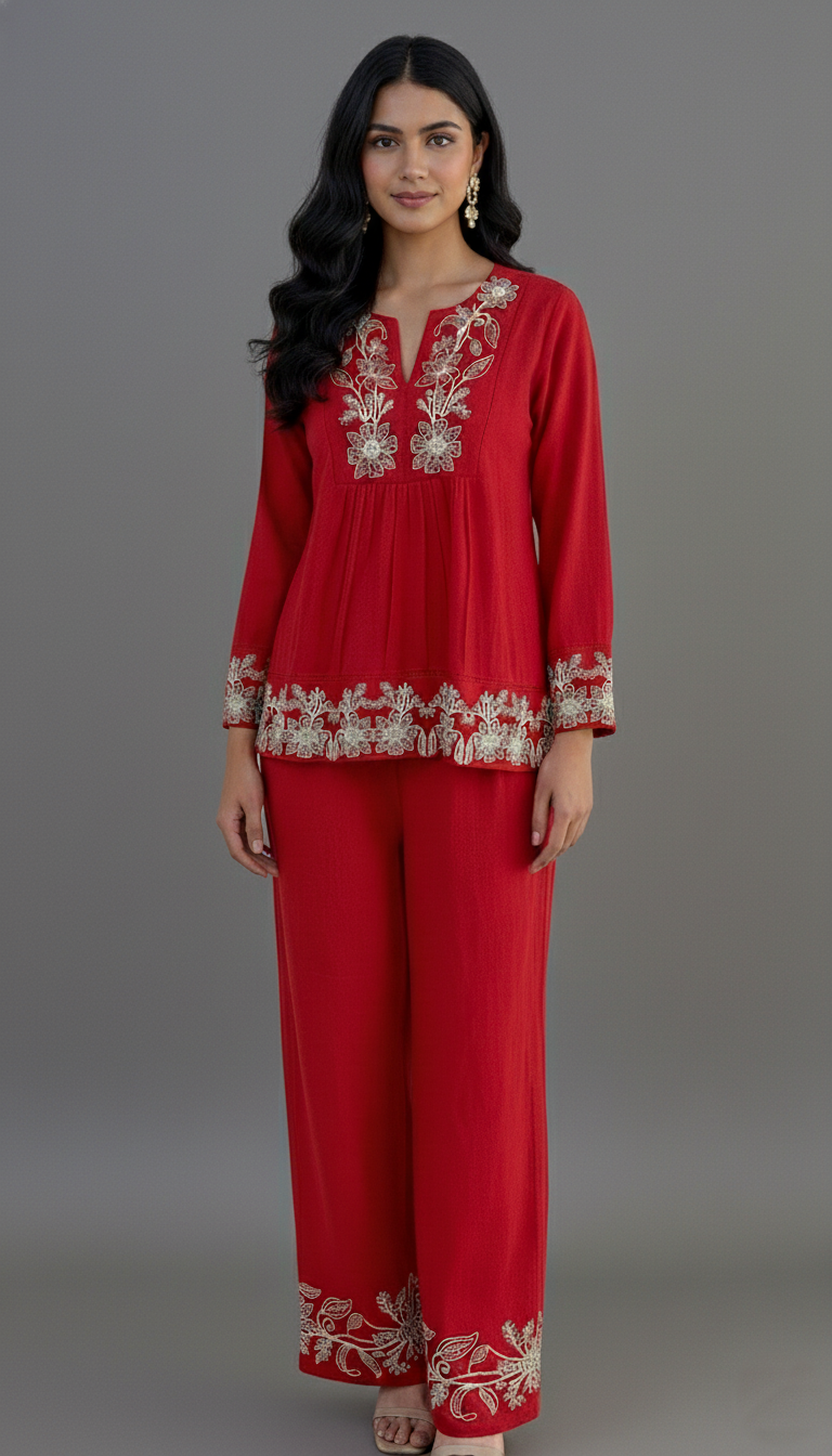 Red Co-Ord Set With Floral Design