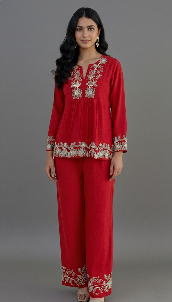 Red Co-Ord Set With Floral Design