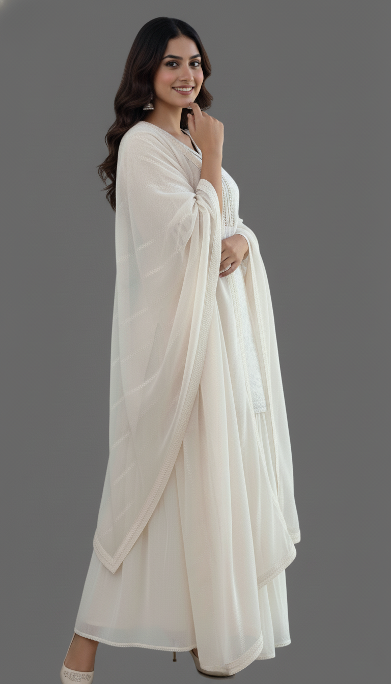 Half-White Colour Embroidery Sharara Dress