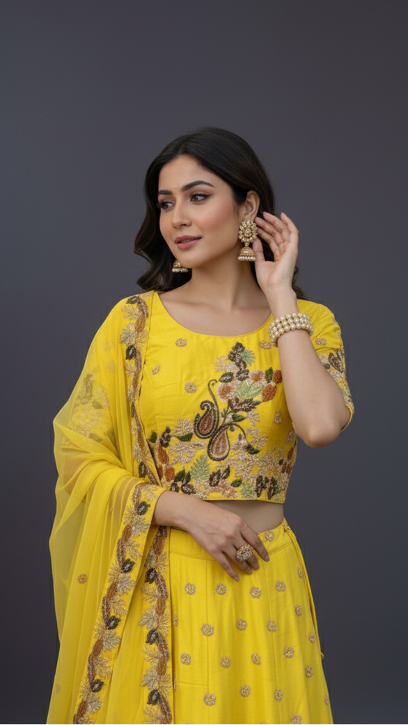 Raw-Silk Lehenga In Yellow In Colour