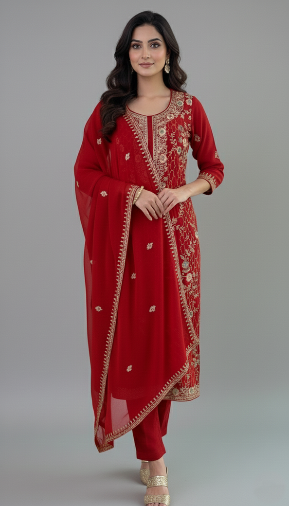 Straight Cut Set Brick-Red In Colour