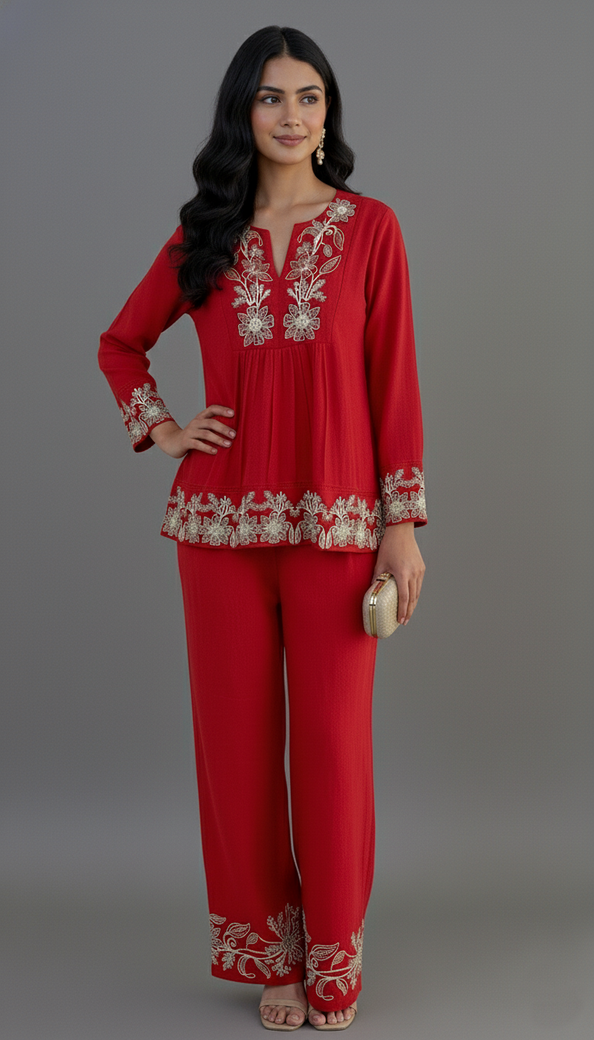 Red Co-Ord Set With Floral Design