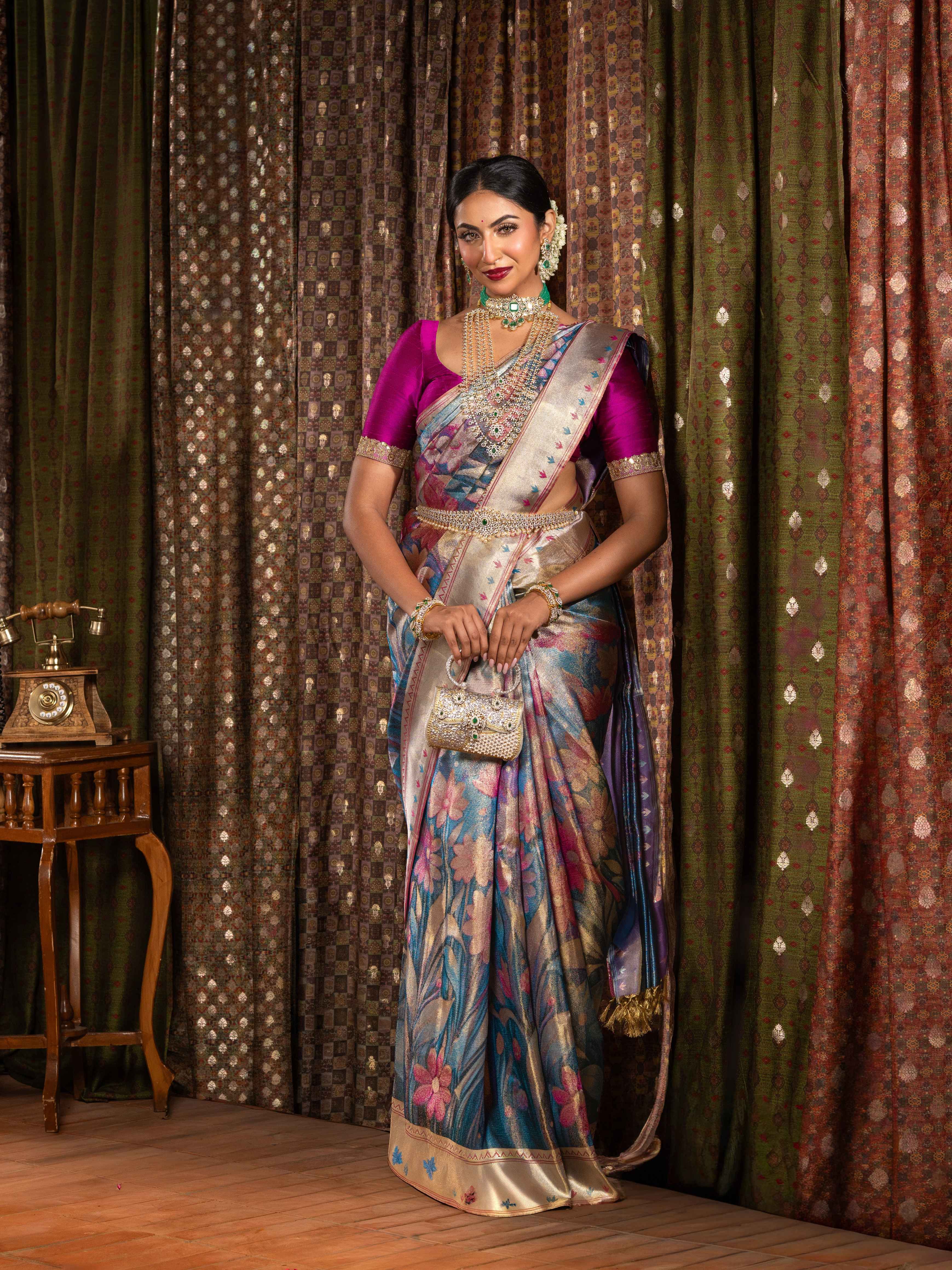 Metallic Sheen Floral Tissue Kanjeevaram Silk Saree