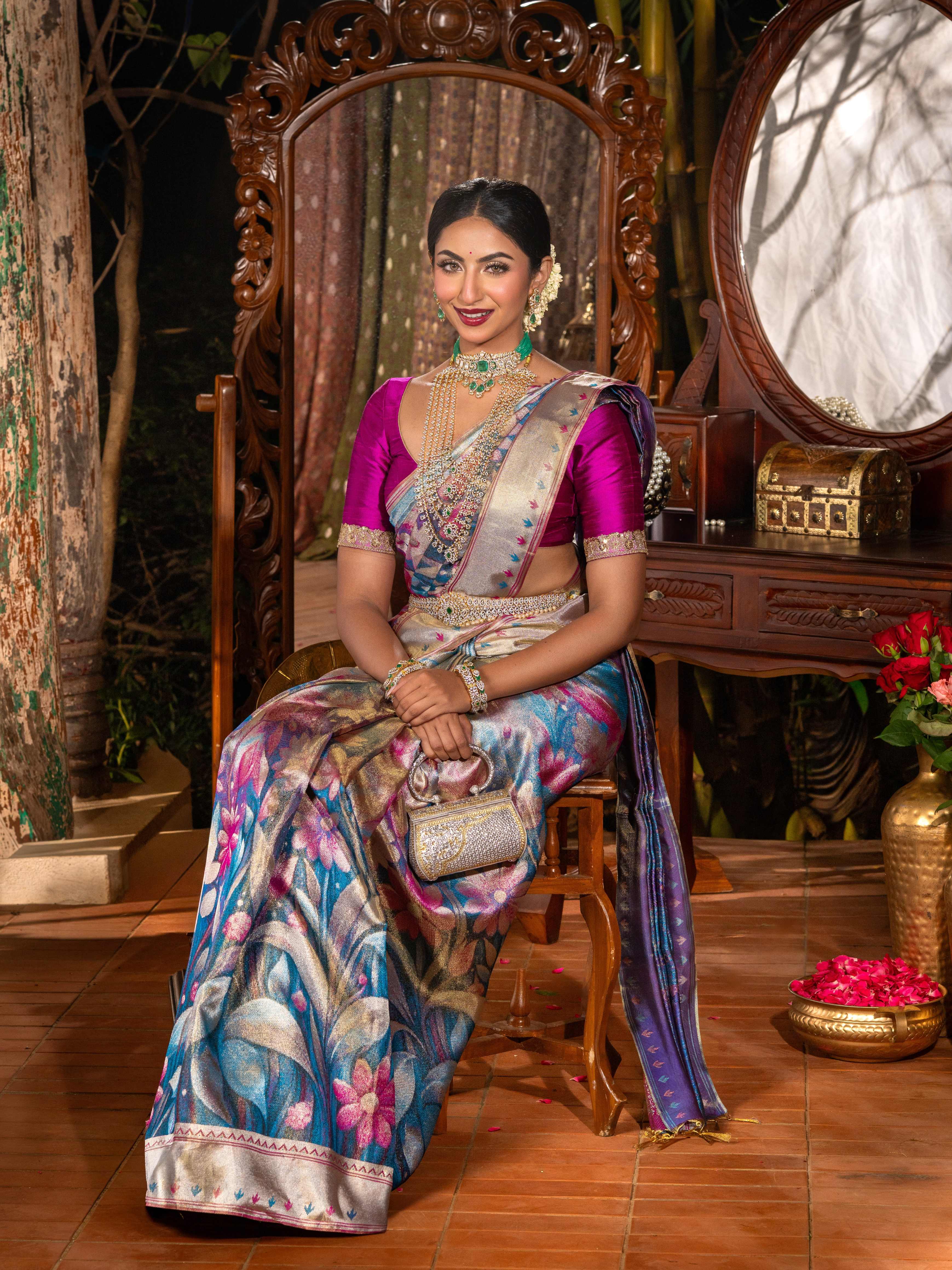 Metallic Sheen Floral Tissue Kanjeevaram Silk Saree