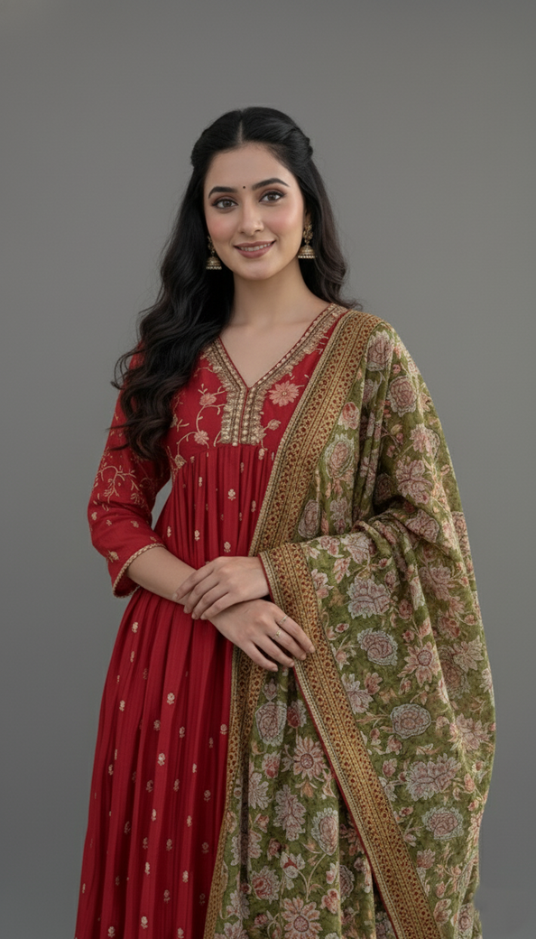 Chanderi Cotton Anarkali Dress Brick-Red In Colour