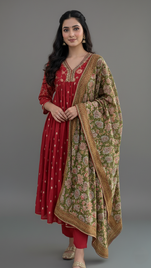 Chanderi Cotton Anarkali Dress Brick-Red In Colour