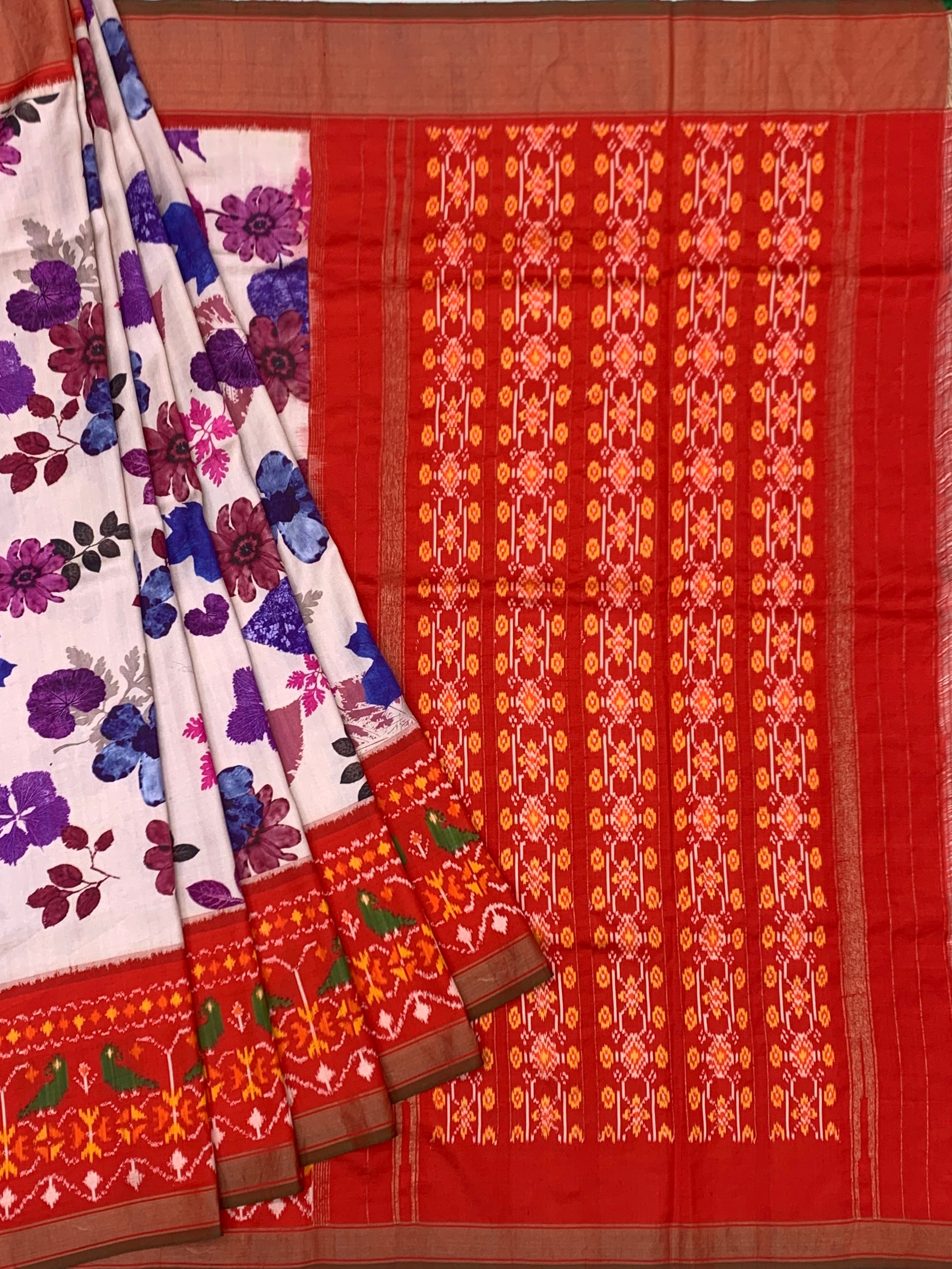 Vibrant Floral Printed Patola-Style Saree with Rich Red Contrast Pallu and Blouse