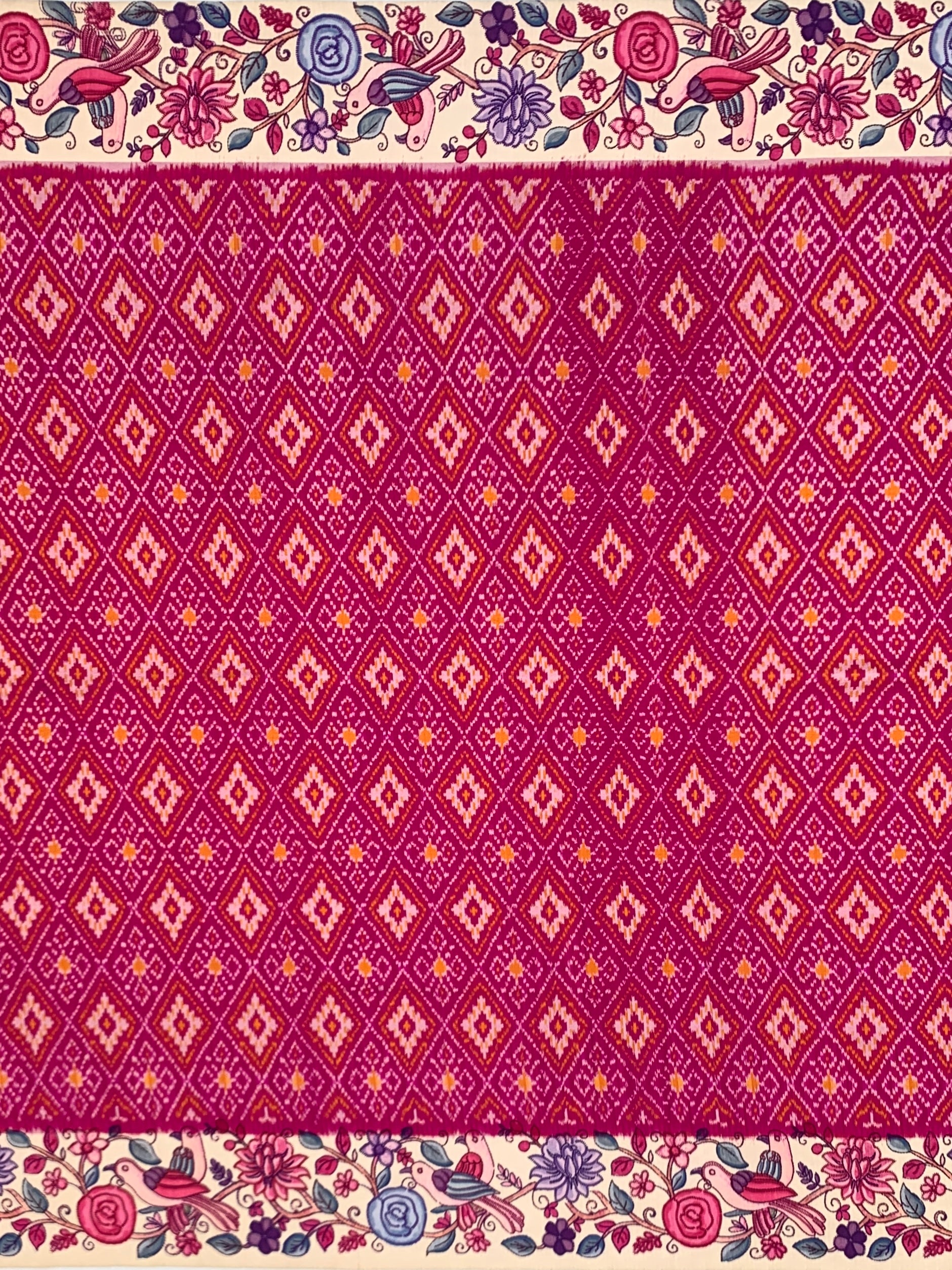 Vibrant Magenta Pink Patola Print Saree with Kalamkari Floral & Avian Motif Pallu