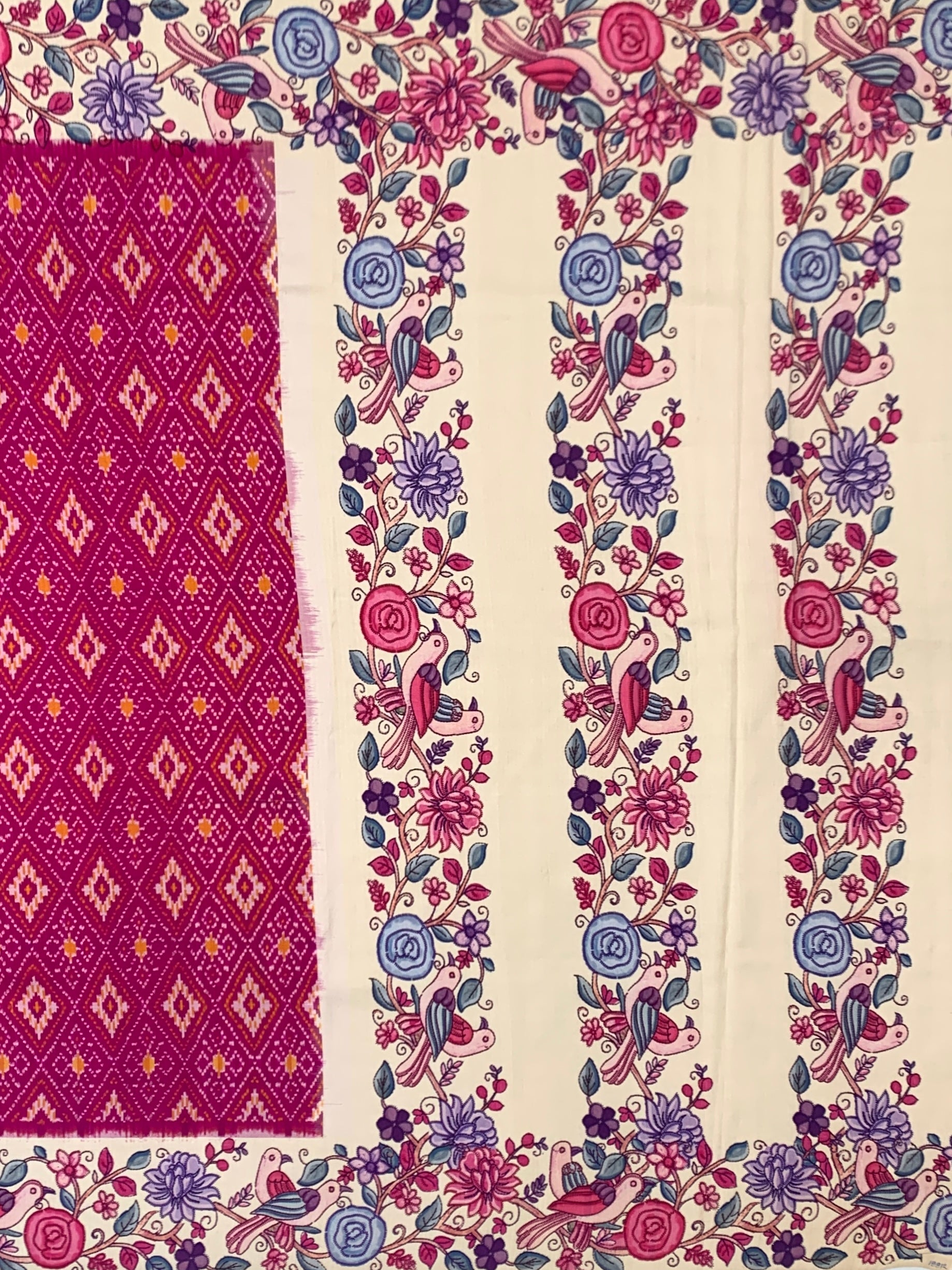 Vibrant Magenta Pink Patola Print Saree with Kalamkari Floral & Avian Motif Pallu