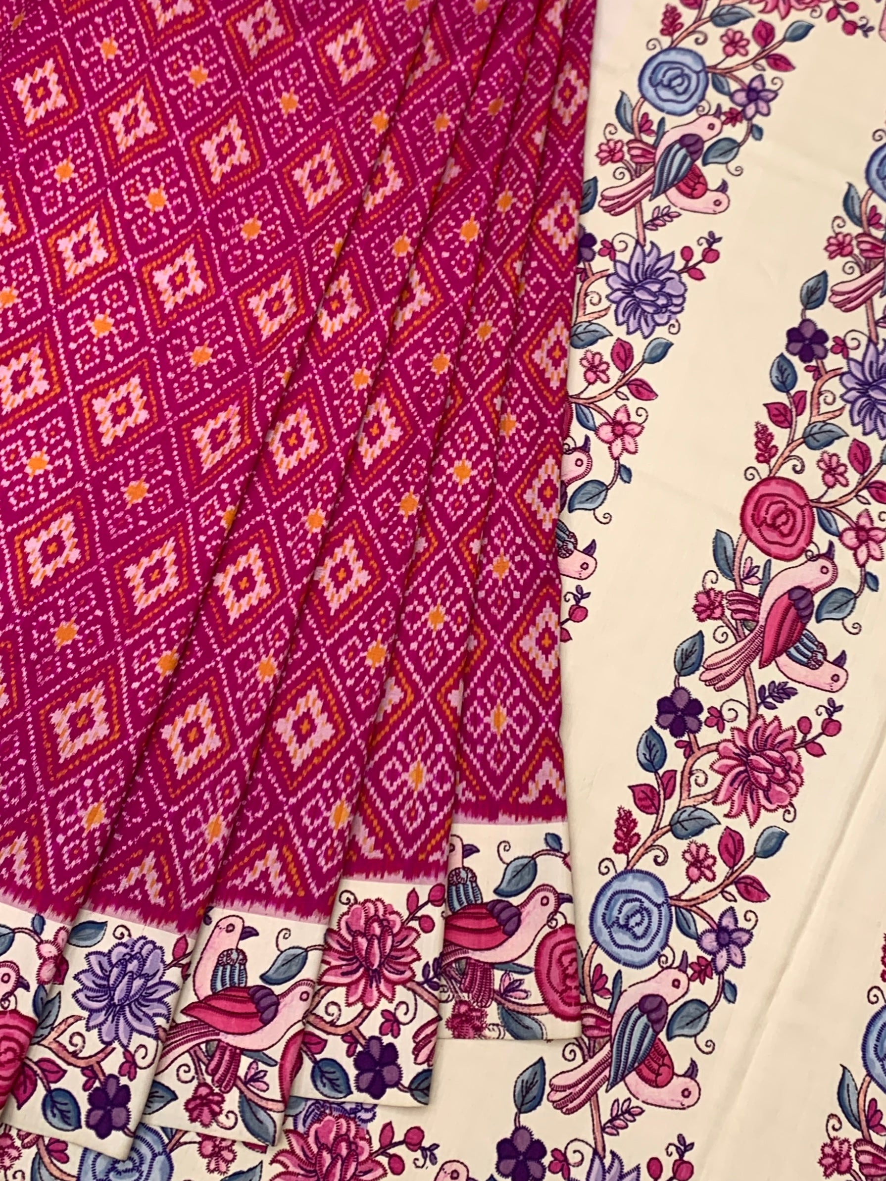 Vibrant Magenta Pink Patola Print Saree with Kalamkari Floral & Avian Motif Pallu