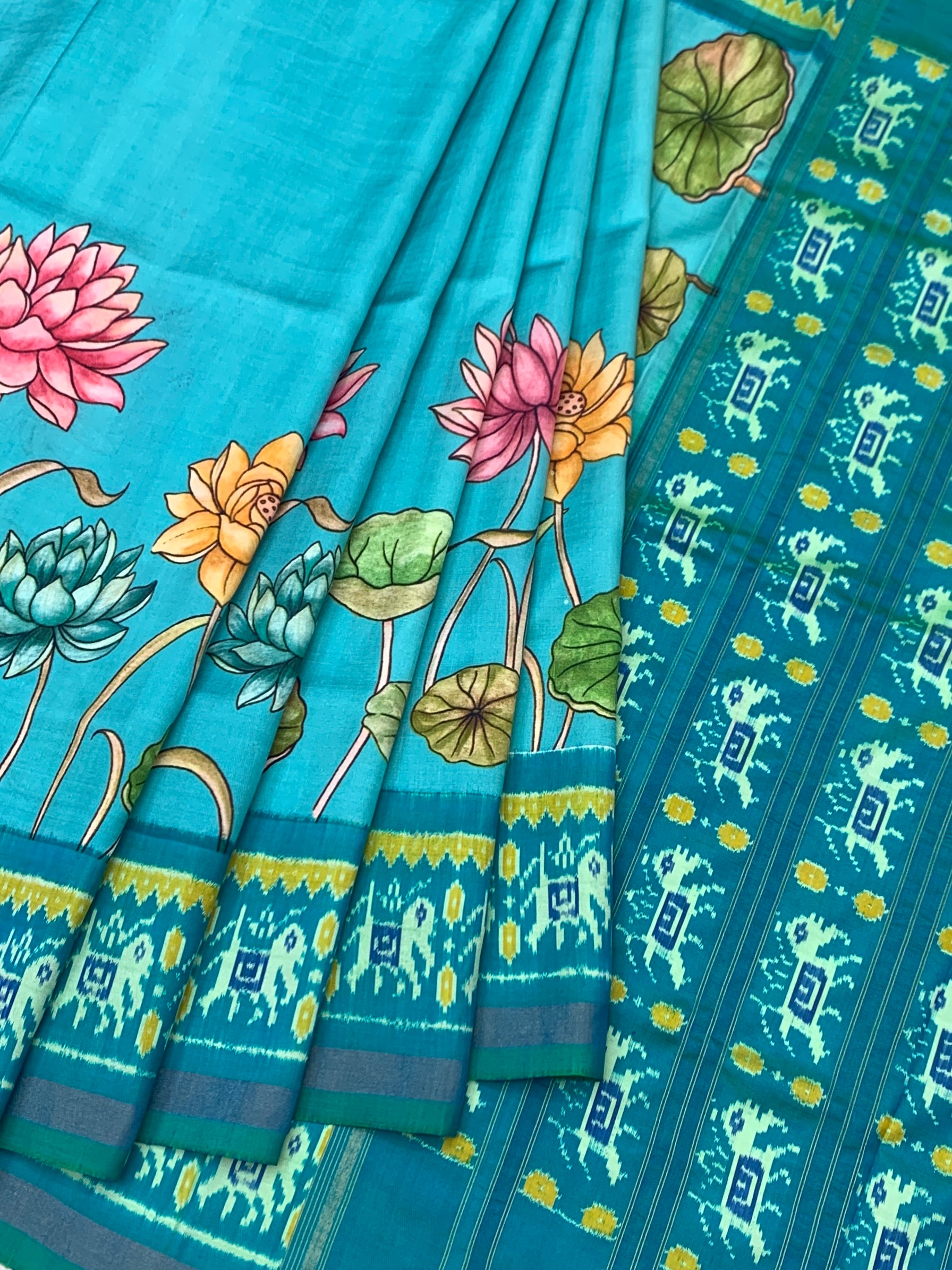 Turquoise Blue Kalamkari Lotus & Patola Print Saree