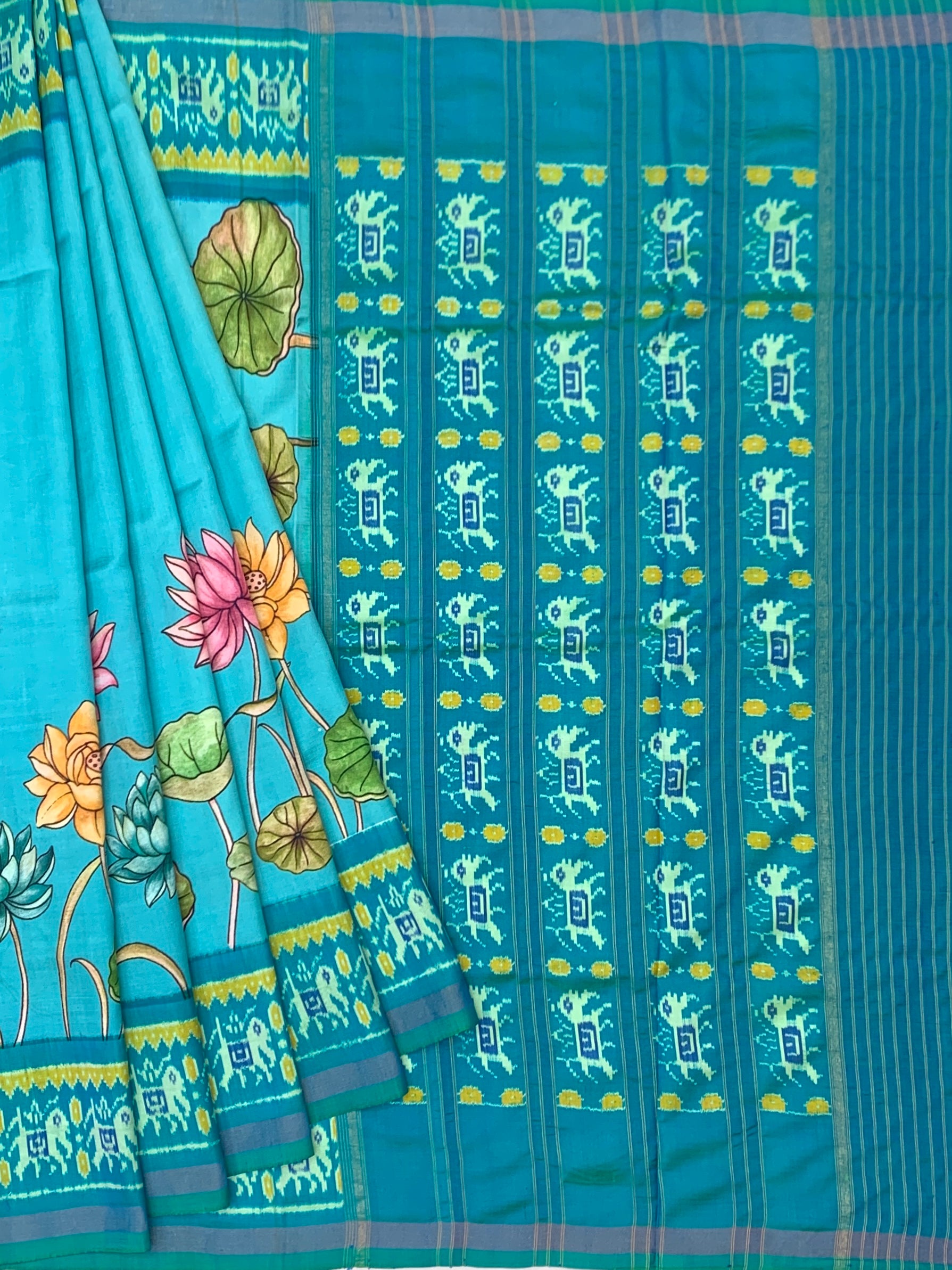 Turquoise Blue Kalamkari Lotus & Patola Print Saree