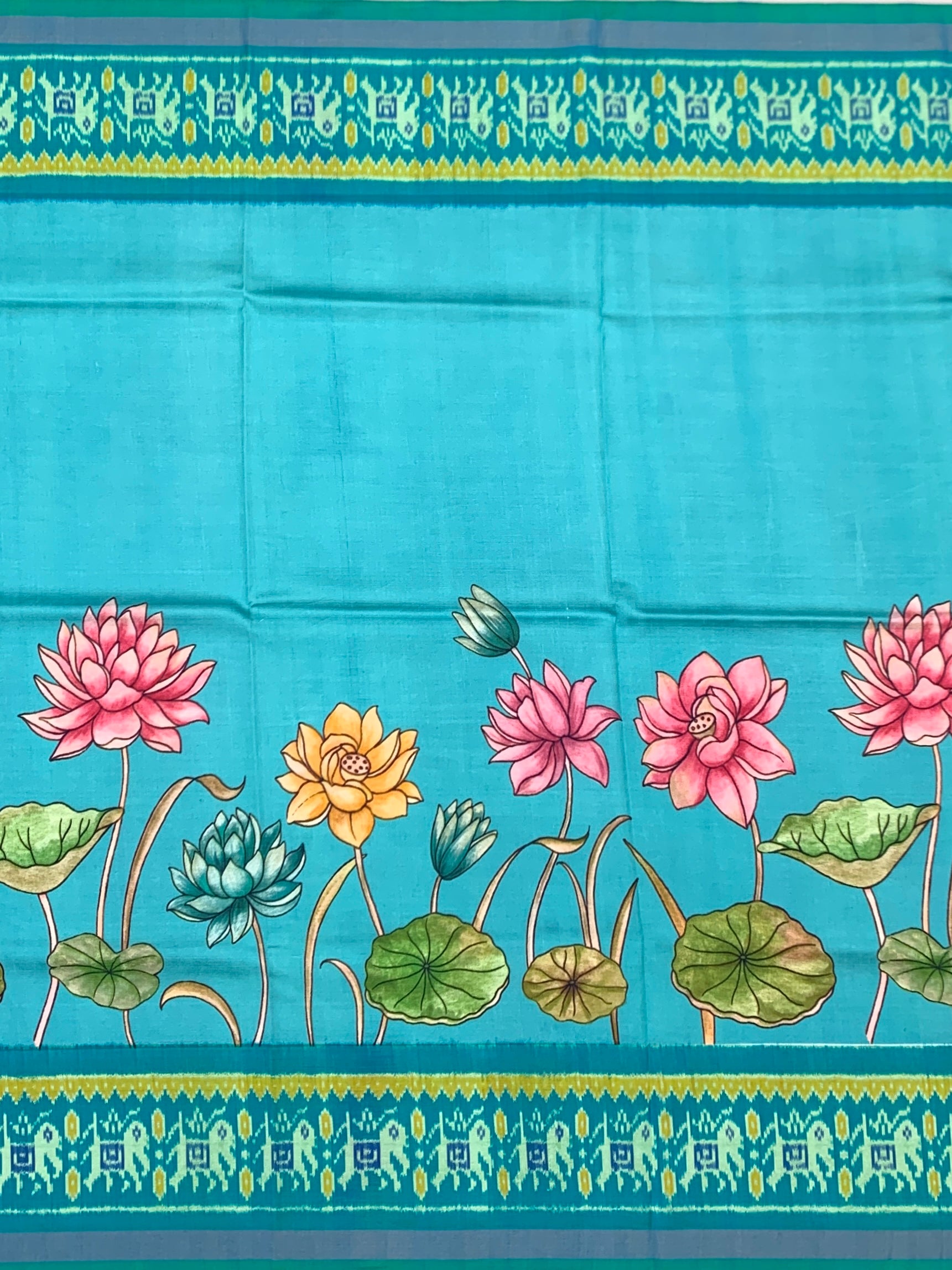 Turquoise Blue Kalamkari Lotus & Patola Print Saree