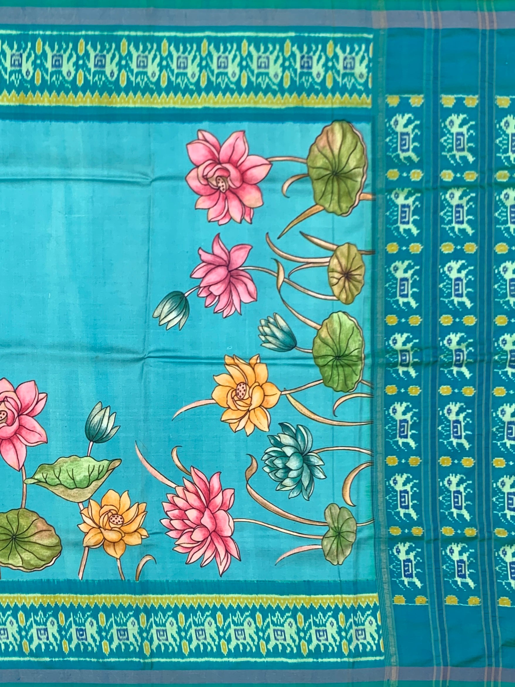 Turquoise Blue Kalamkari Lotus & Patola Print Saree