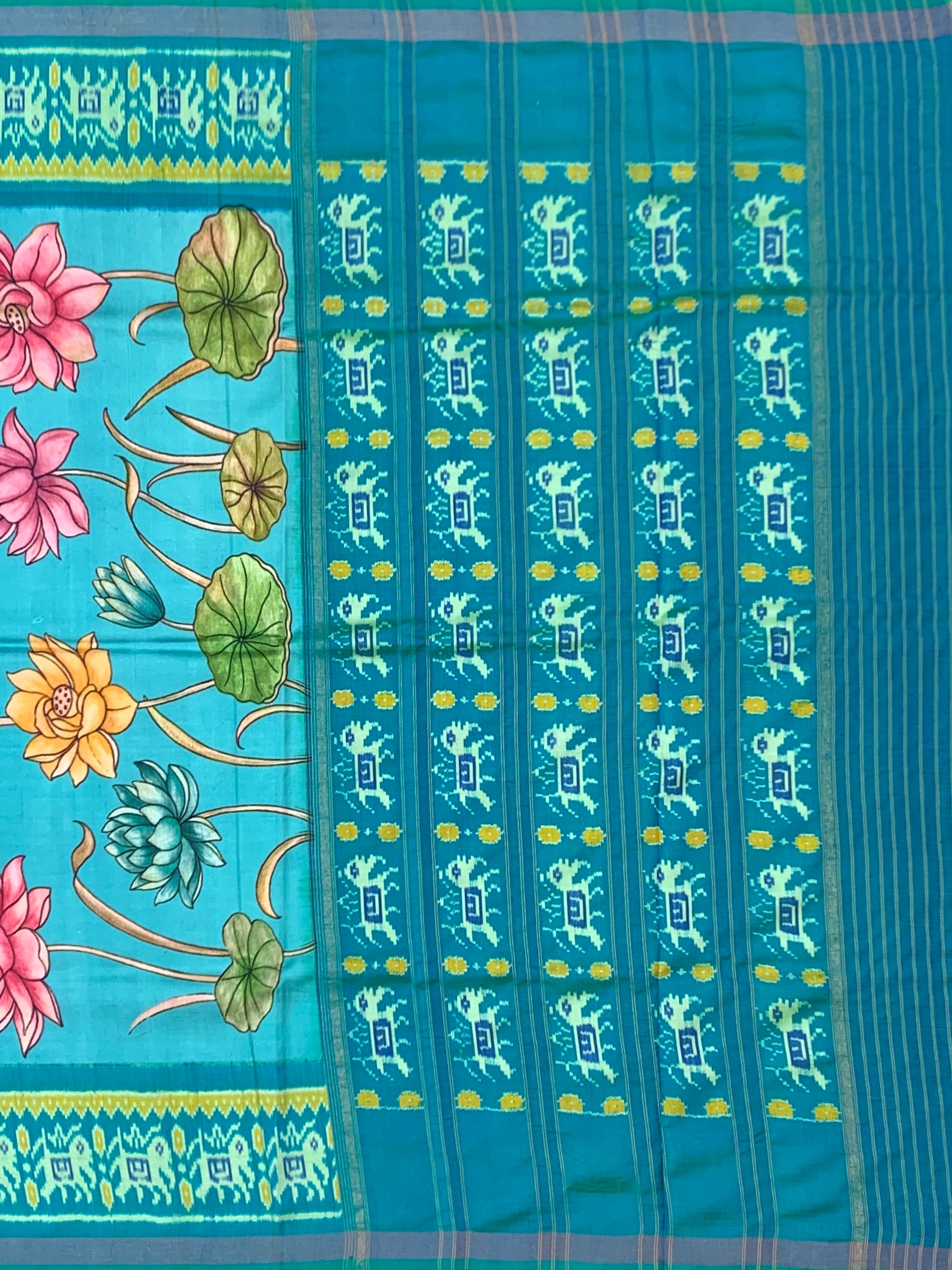 Turquoise Blue Kalamkari Lotus & Patola Print Saree