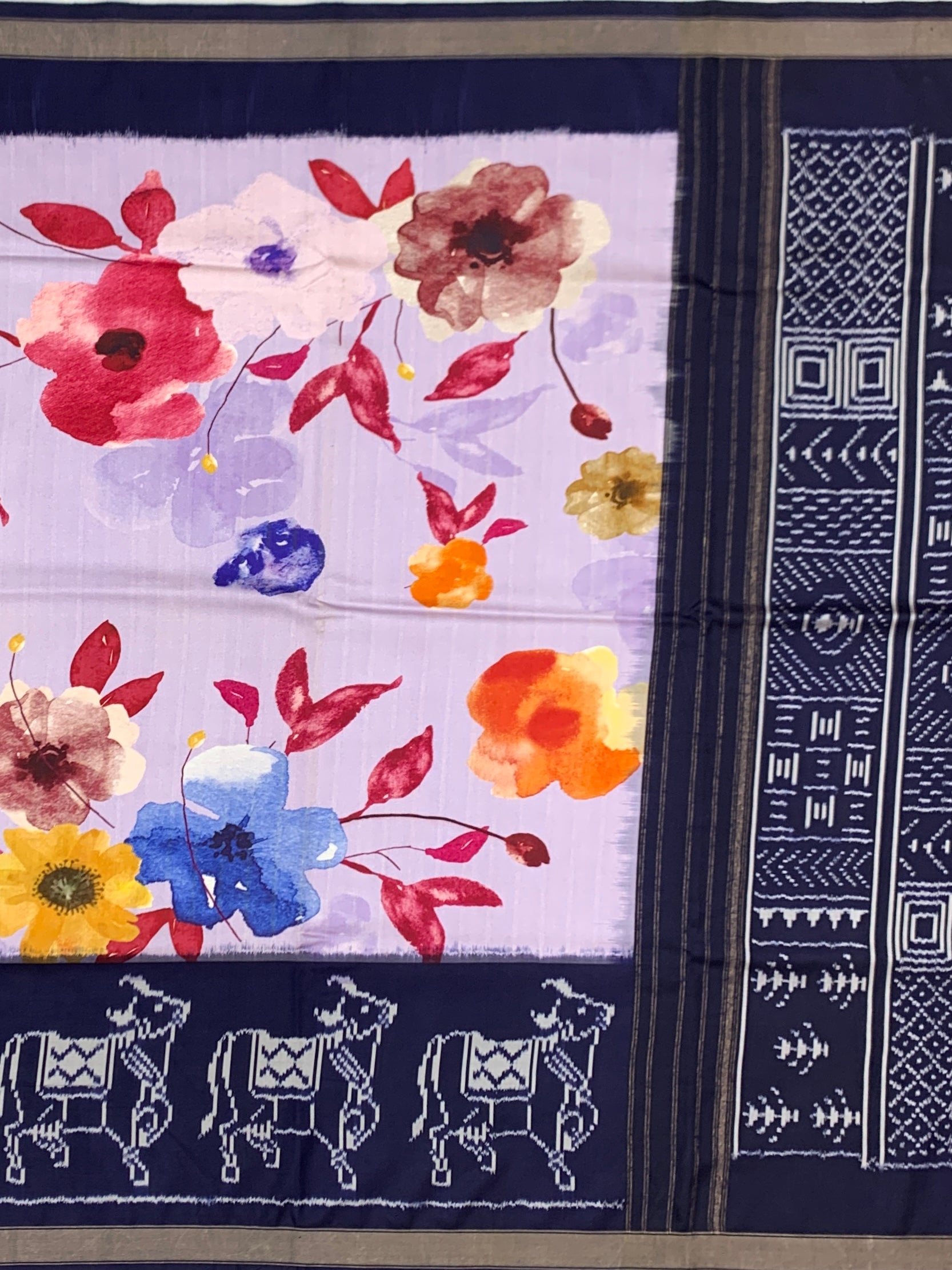 Lilac & Midnight Blue Floral Patola Printed Saree