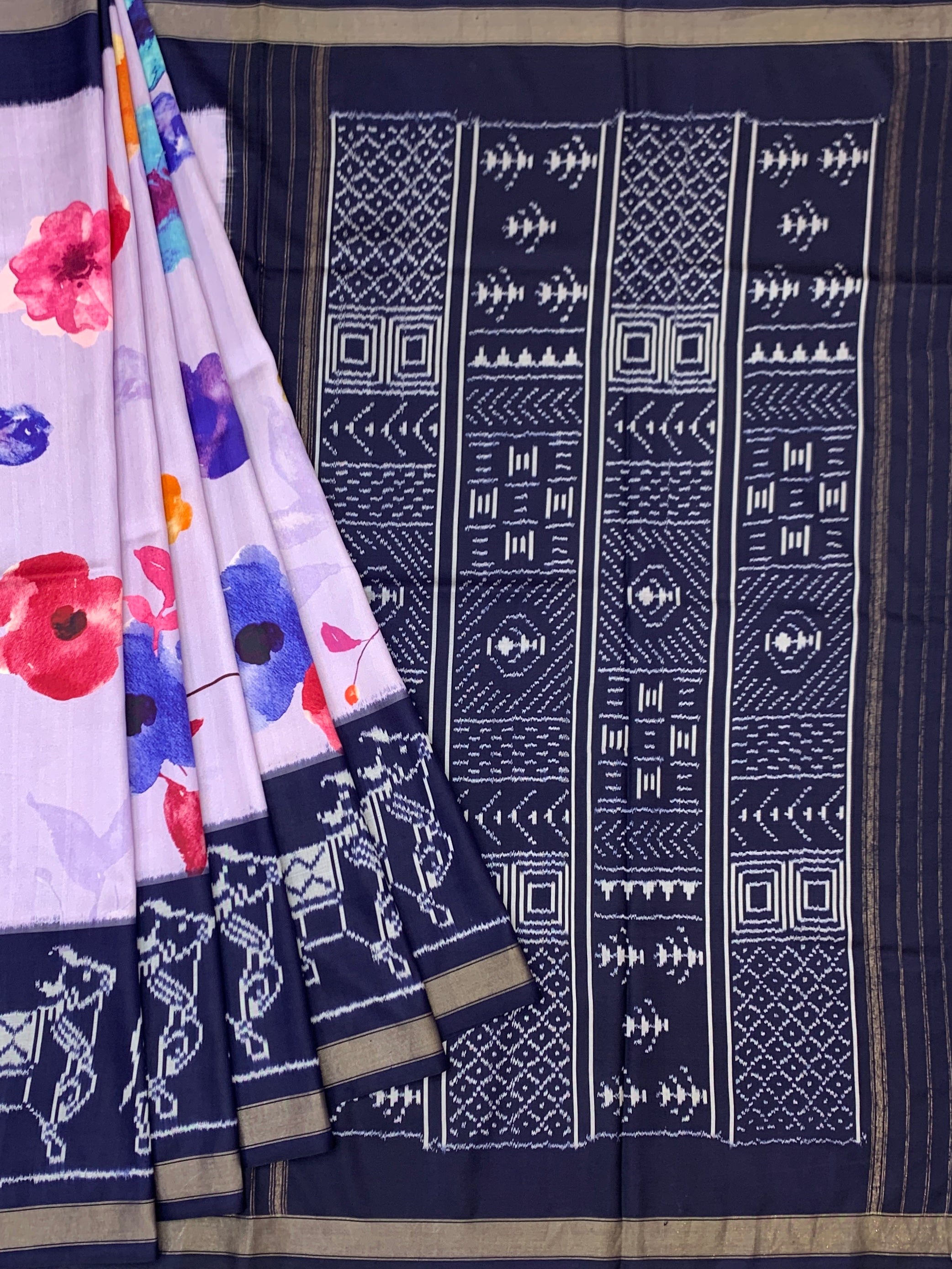 Lilac & Midnight Blue Floral Patola Printed Saree