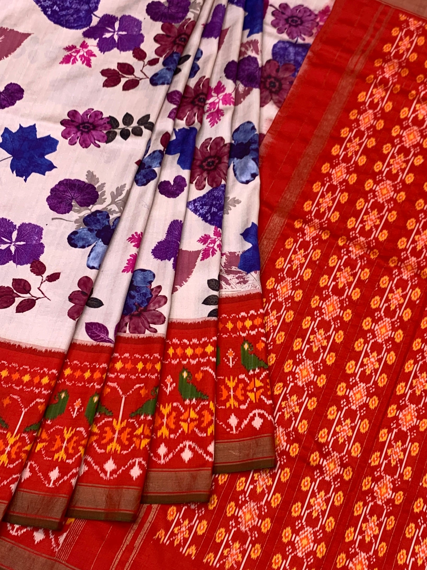 Vibrant Floral Printed Patola-Style Saree with Rich Red Contrast Pallu and Blouse